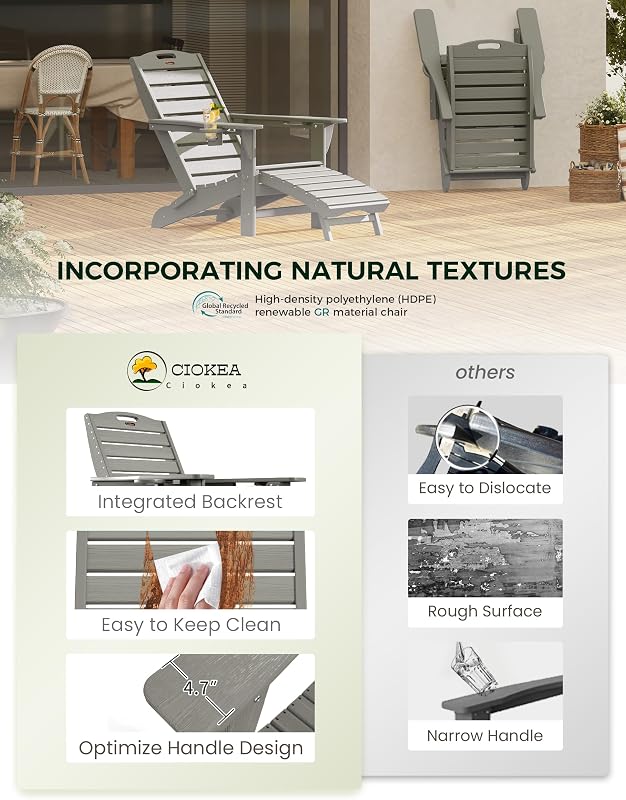 Ciokea Folding Adirondack Chair with Retractable Ottoman Fire Pit Patio Chair with Pull Out Foot Rest Weather Resistant Lawn Outdoor Lounge Chair with 2 Cup Holder (Grey) image 6