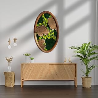 Round Moss Wall Art, Natural Wood & Preserved Greenery Panel | Modern Ci...