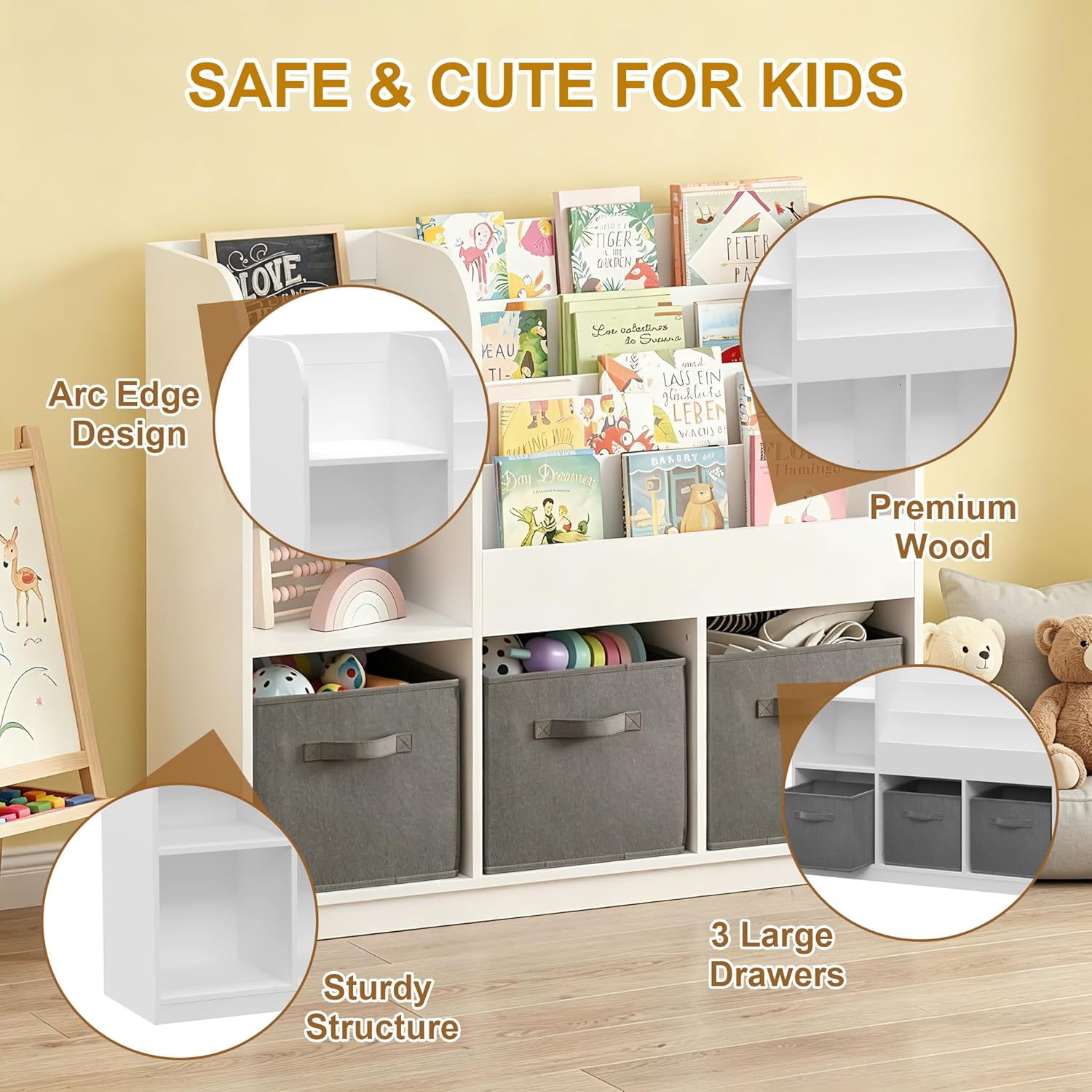 Kids Bookshelf with 3 Fabric Drawers, 4-Tier Toddler Bookcase with Display Shelves, Multi-Functional Wooden Book Organizer Toy Storage for Bedroom, Playroom, Nursery (White/Gray)
