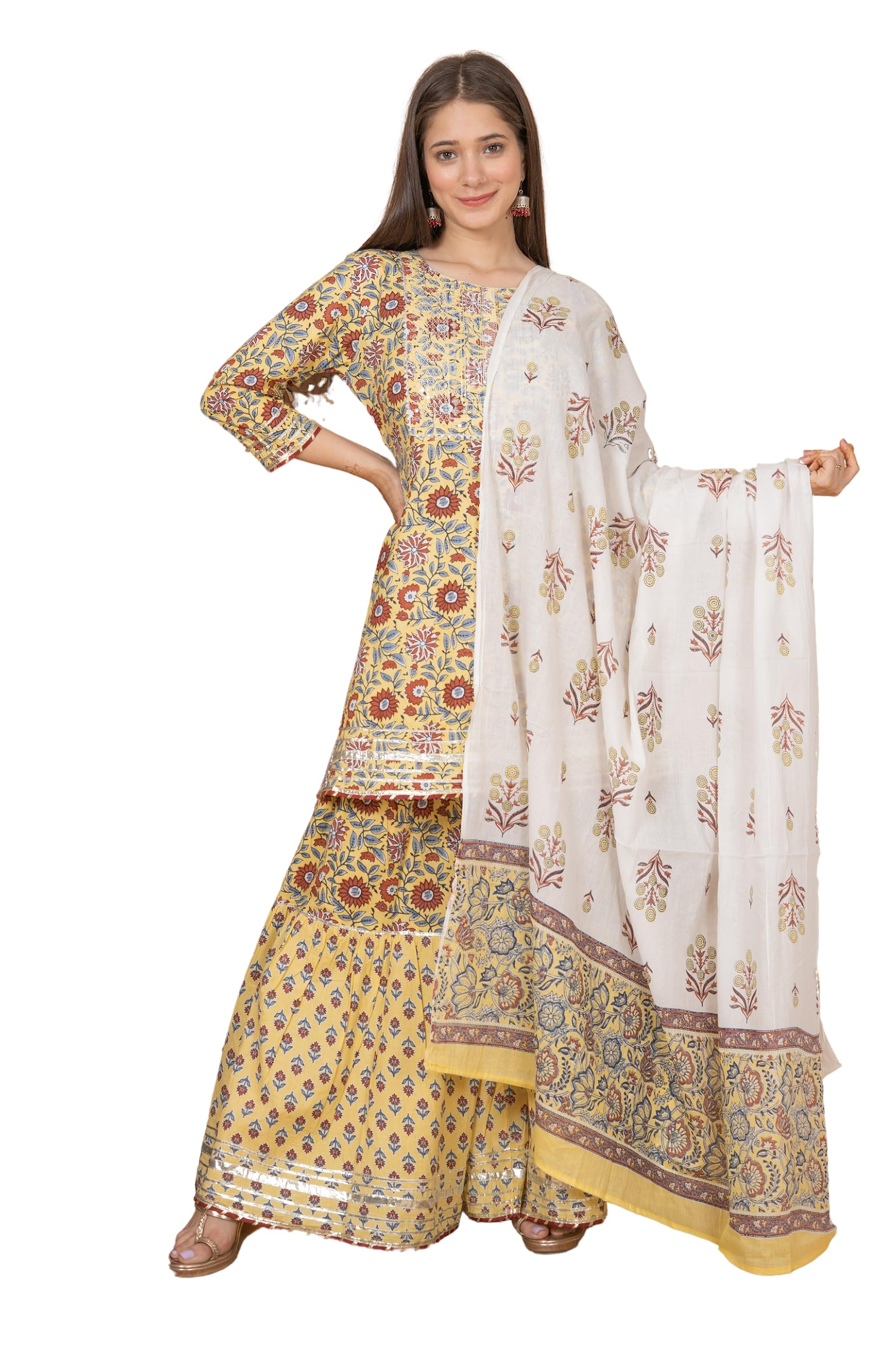 MEERA FABGrey Cotton Festive Embrodriery Printed Kurta Sharara Dupatta for Women