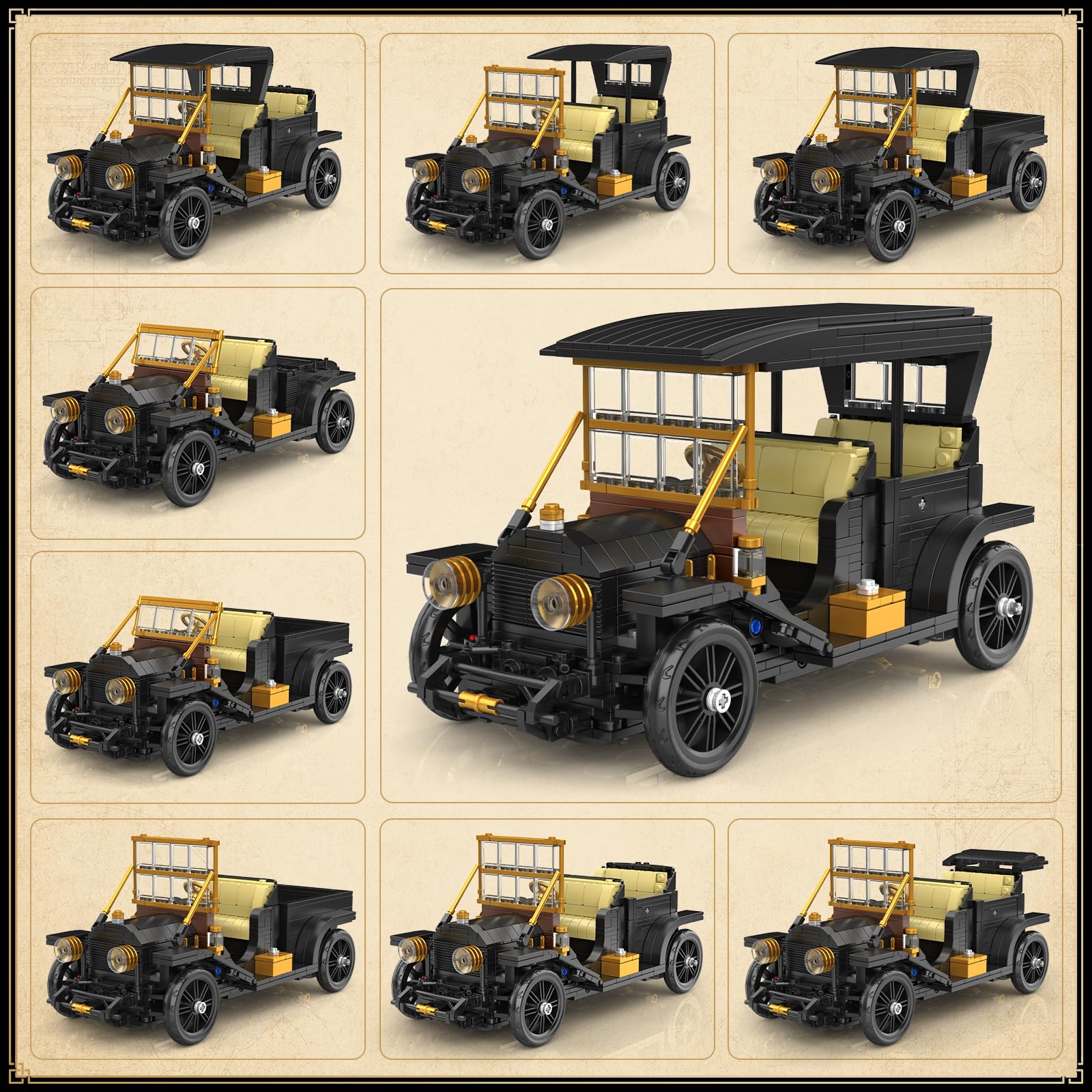 Mould King 10261 Retro Auto Bausatz 9in1, 1291 Teile, ab 14 Jahren | Oldtimer Klemmbausteine Set für Erwachsene, Retro Fahrzeug Modellbausatz als Sammlerfahrzeug, Deko und Geschenkidee