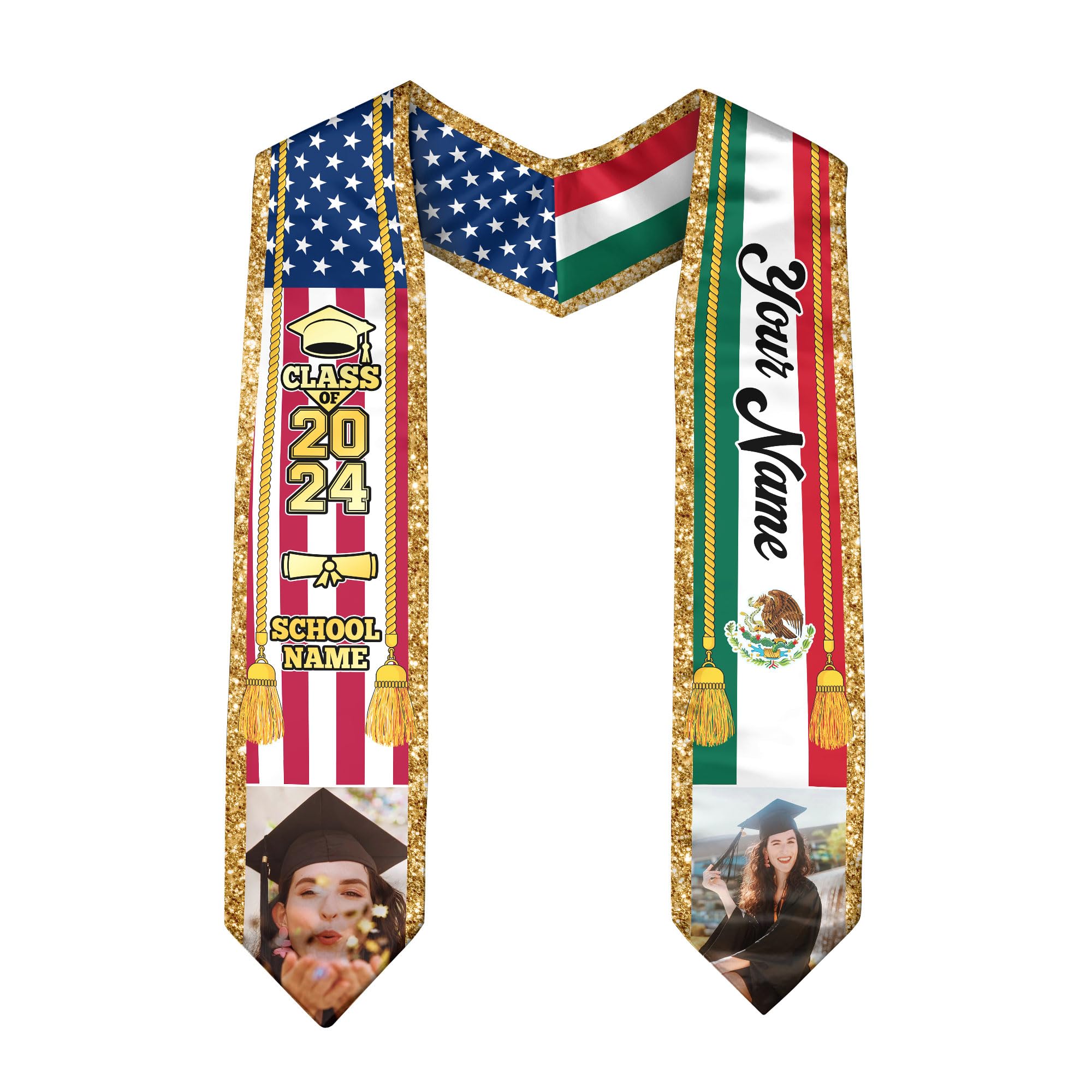 CHIARA CONTI11 Mexican Graduation Sash, Graduation Stole Customize Photo, Mexican American Flag Graduation Sash 2024, 2
