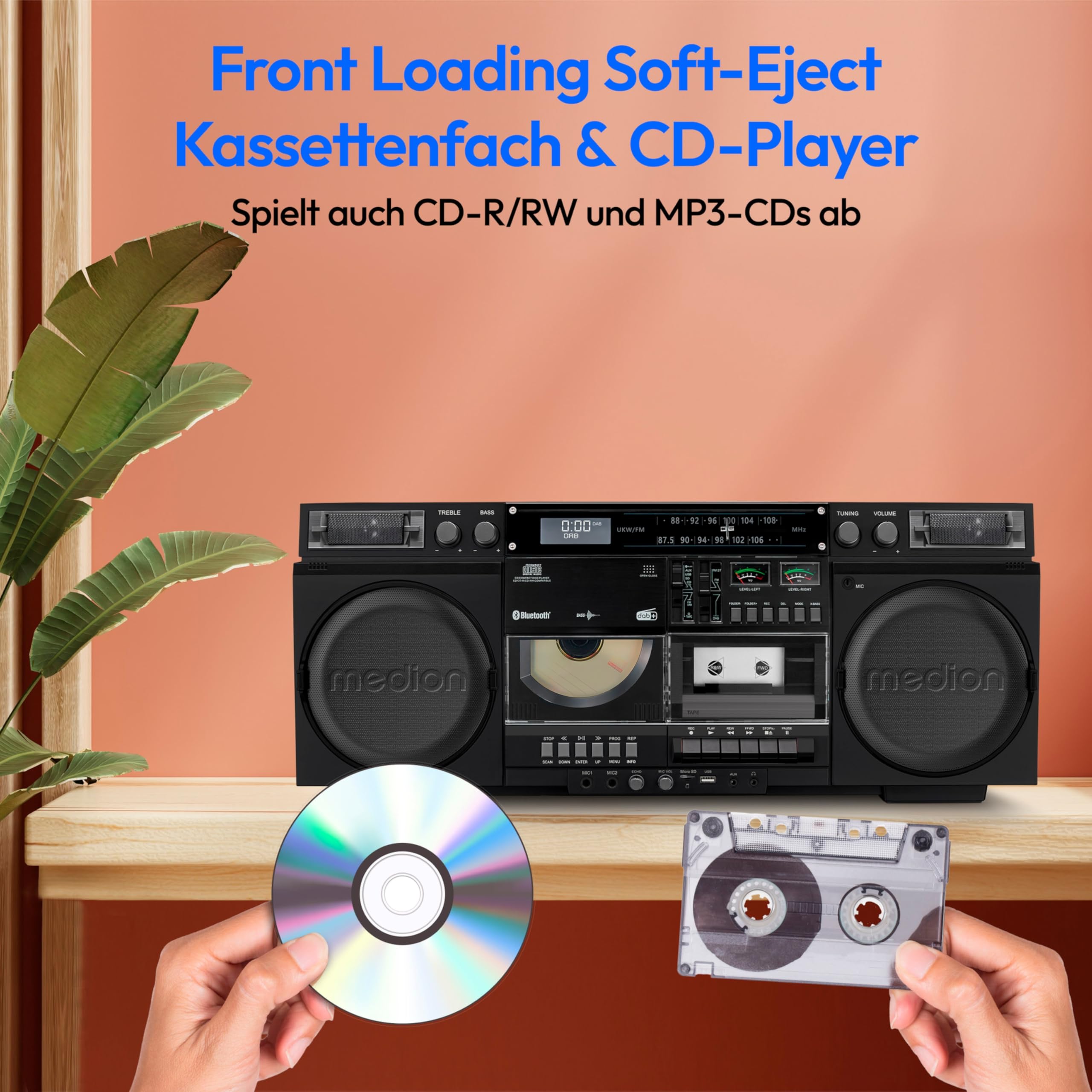 MEDION P66538 Kassettenrecorder (Retro Ghettoblaster mit CD-Player, 80er, groß, USB, SD, CD, Kassetten MC, DAB+ Radio Teleskopantenne, Bluetooth, Kassettendeck, Aufnahmefunktion