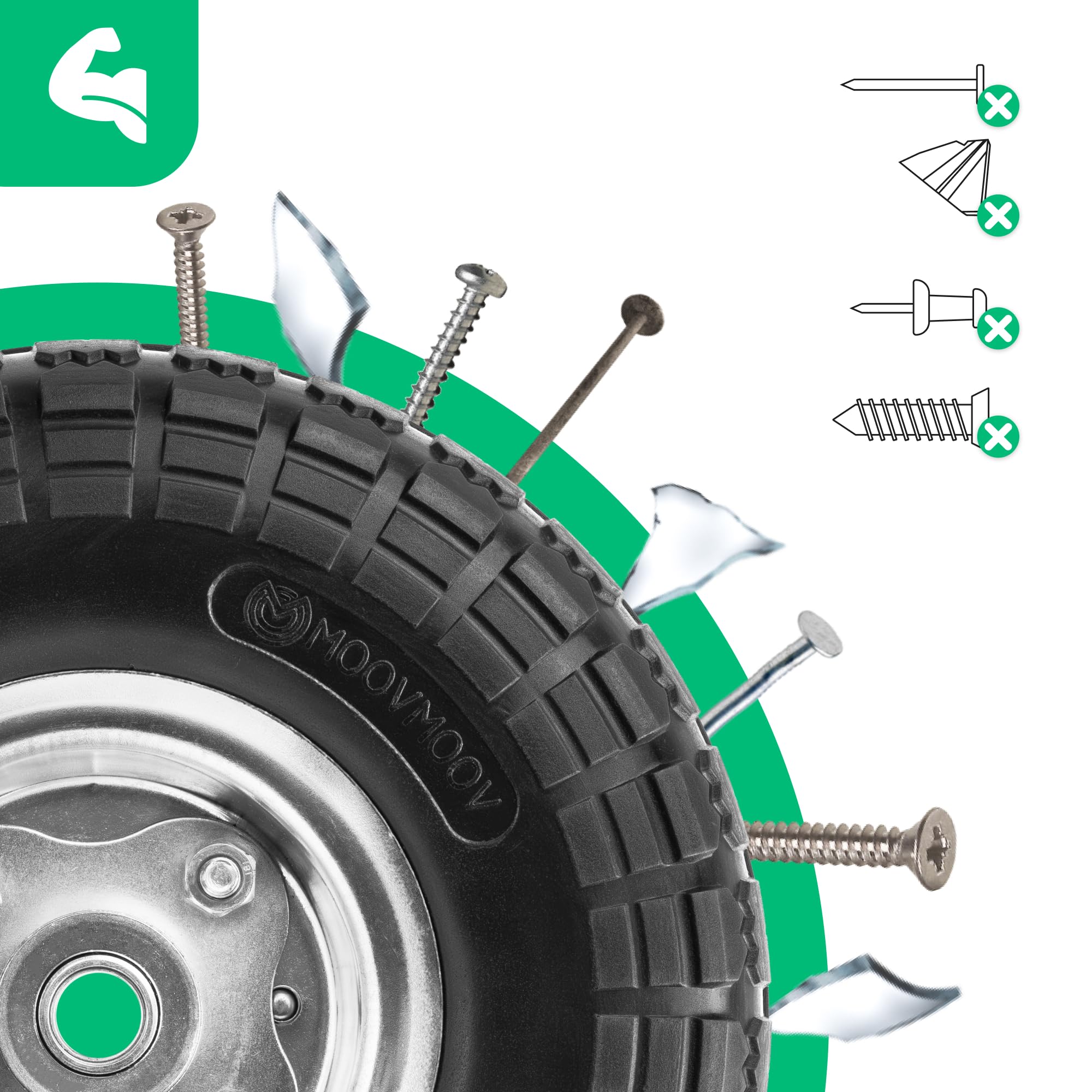MOOVMOOV Rueda Maciza 4.10/3.50-4 (x2) Orificio para Eje de 16 mm - Cubo Desplazado de 55 mm - Para Carretillas, Carretillas de Mano, Carros, Etc. - Incluye Anillo de Bloqueo + Tapa Autolock