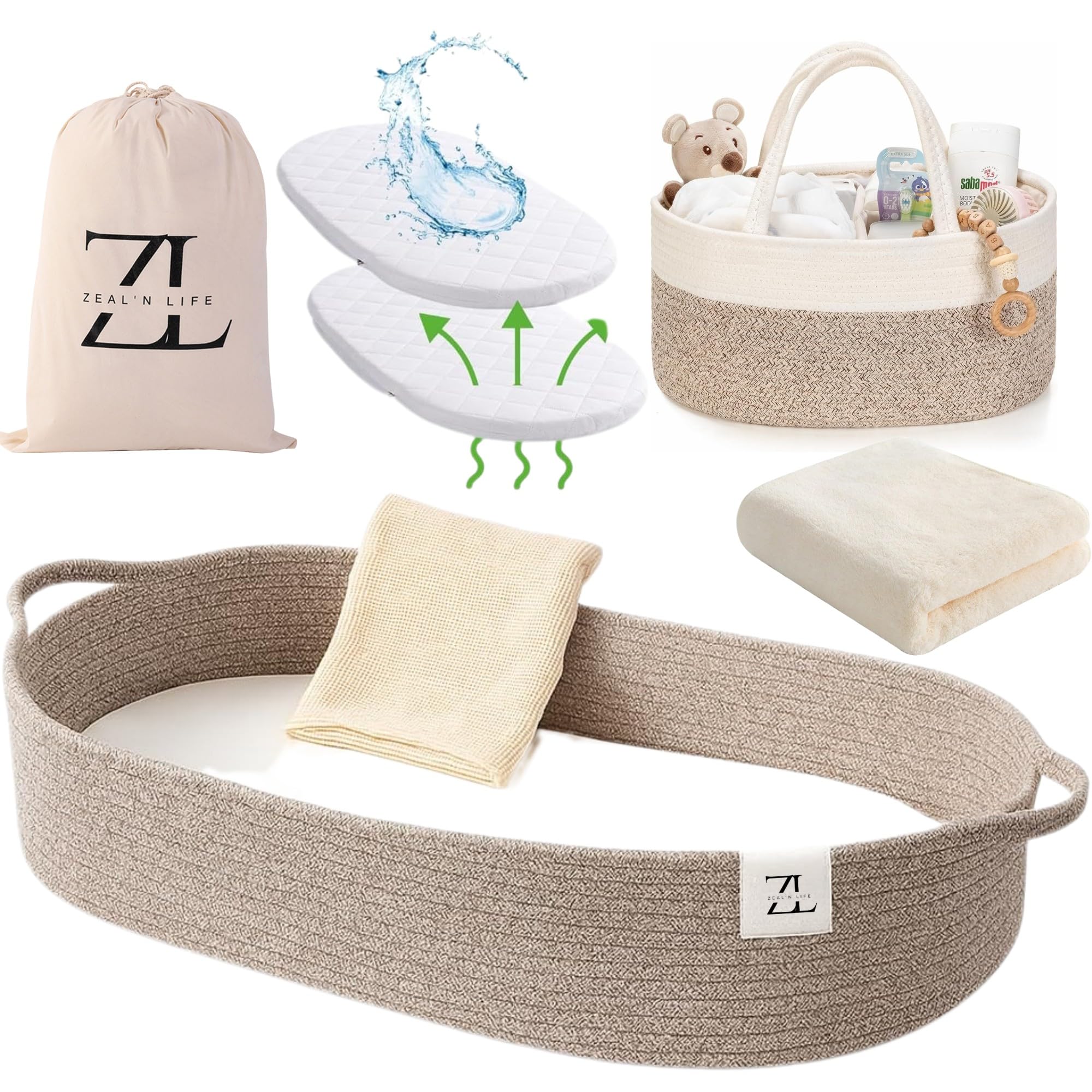 Moses Basket by ZEAL'N LIFE, Moses Baskets for Newborn, Baby Changing Basket with Baby Blanket, Washable Waterproof Pad Covers, Diaper Basket, Tote