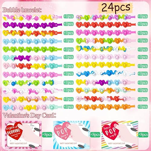 Miniatura 5 de OOINQQ Tarjetas de regalo para el día de San Valentín con pulsera Pop para niños pequeños y niños pequeños en el aula escolar  24 pulseras de