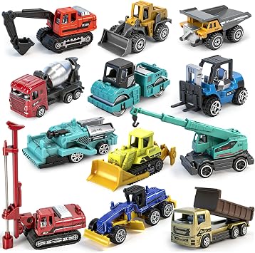12 Pcs Diecast Digger Toys, Alloy Construction Trucks with Movable Parts, Mini Vehicle Models, STEM Educational Toy Set Gifts, Cake Toppers & Party Favors for 3+ Year Old Kids Boys Girls, Colorful