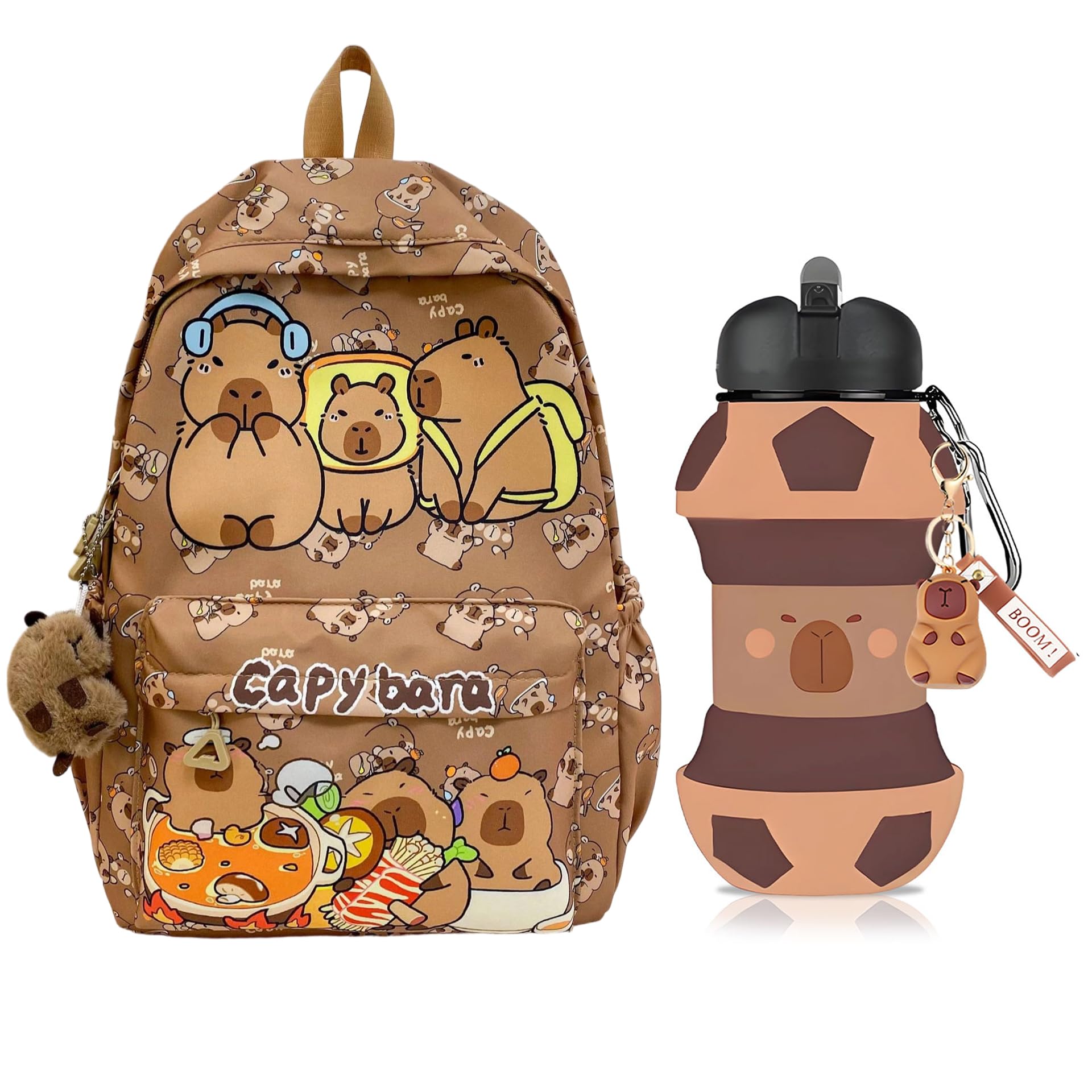 Vexthorion Girls Black Capybara Backpack Set For Kids – Cute School Bookbag With Collapsible Silicone Water Bottle 550Ml, Mini Plush Toy & Keychain – Kawaii Gift For Boys