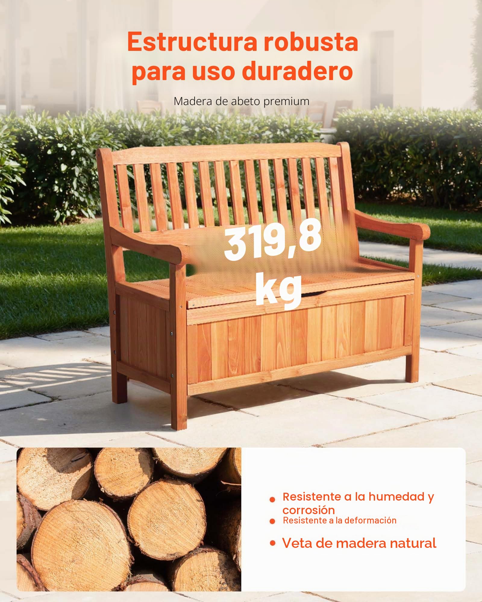 VEVOR Banco de Almacenamiento de Madera 106,5 x 58,5 x 90,1 cm para 2 Personas con Asa Lateral Baúl de Terraza Soporta hasta 319,8 kg Asiento Exterior Resistente para Porche, Patio, Jardín, Balcón