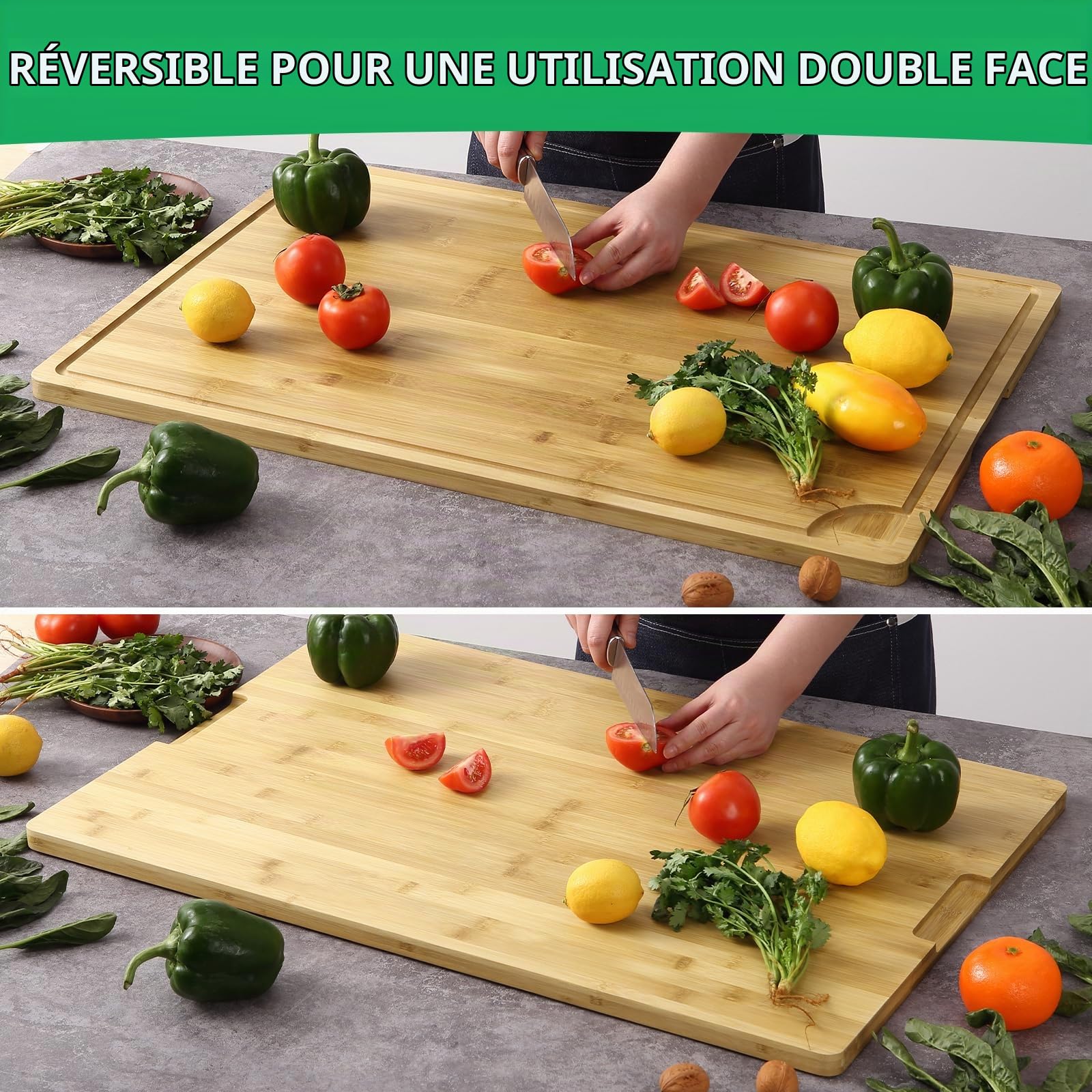 Planche à découper en bois - 76 x 51 x 2 cm - En bambou - Avec poignées et rainure profonde - Idéale pour les couteaux - Rectangulaire - Utilisable des deux côtés - Pour viande, légumes et pain