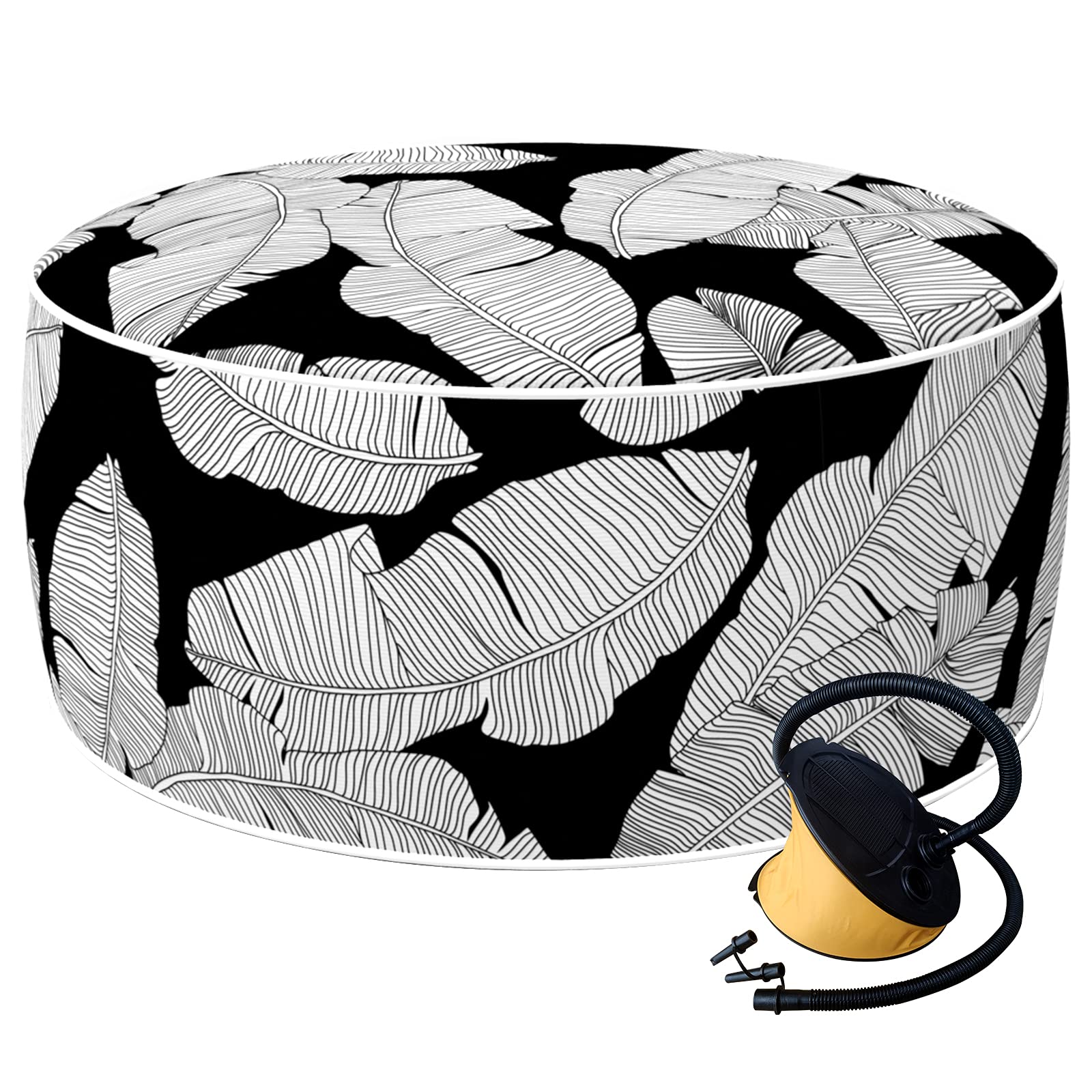 LVTXIII Inflatable Stool Ottoman Footrest with Handle, Indoor or Outdoor Foot Rest for Home Patio Garden and Camping, D21 x H9, Black Lush Leaf Jungle