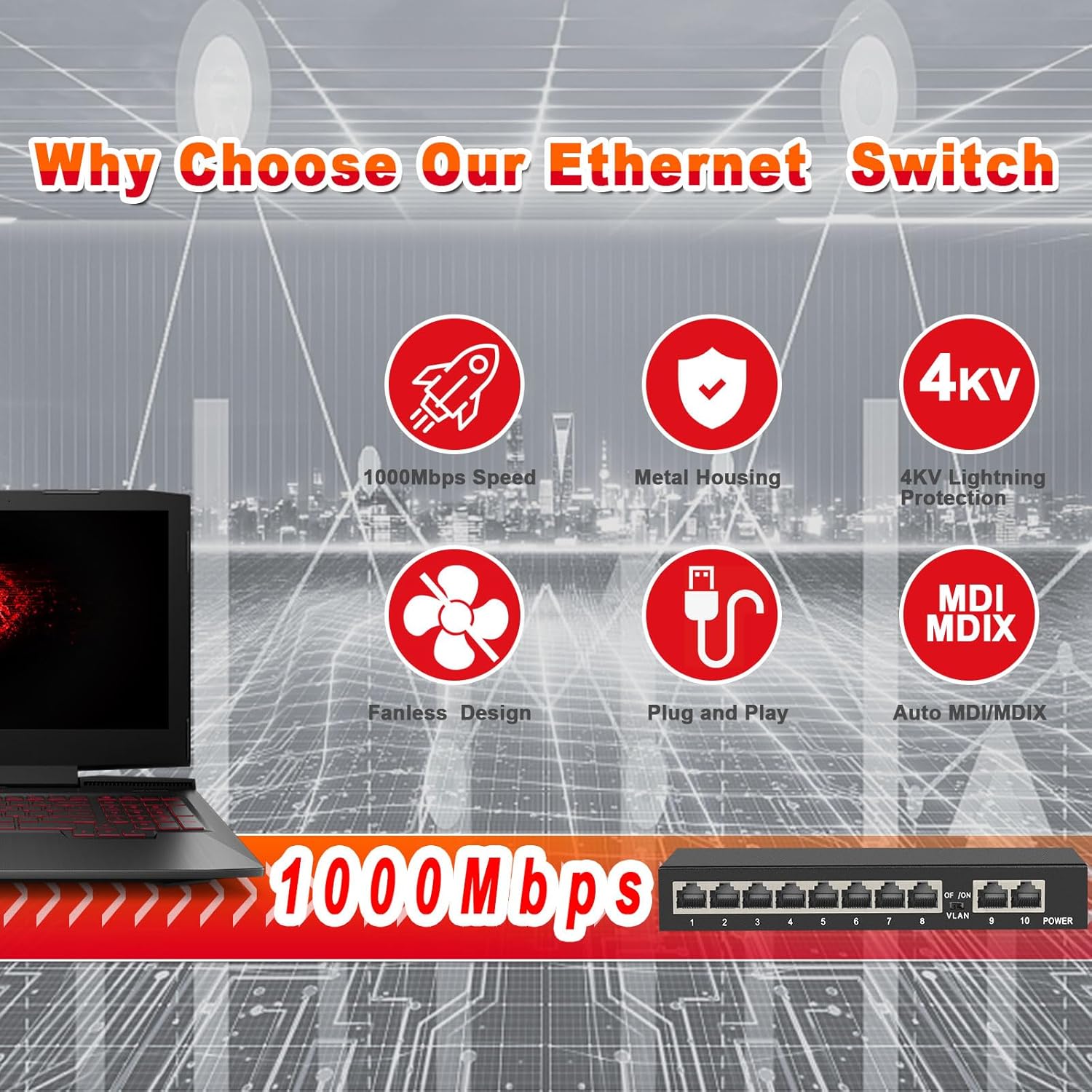 Diagram showing key features like 1000Mbps speed, metal housing, 4KV lightning protection, fanless design, plug and play, and Auto MDI/MDIX.