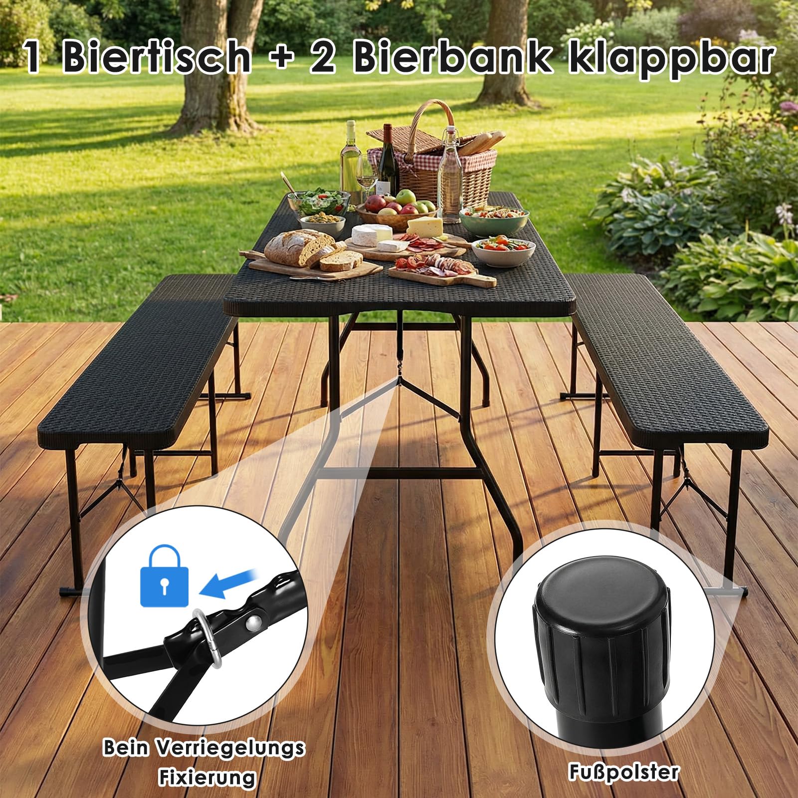 Ensemble Meubles de Jardin 180cm Inclure 1 Table Pliante et 2 pcs Bancs Pliable, Ensemble Table et Bancs de Jardin Plastique Imperméable HDPE,Table Camping pour Piquenique Réceptions, Rotin-Optique