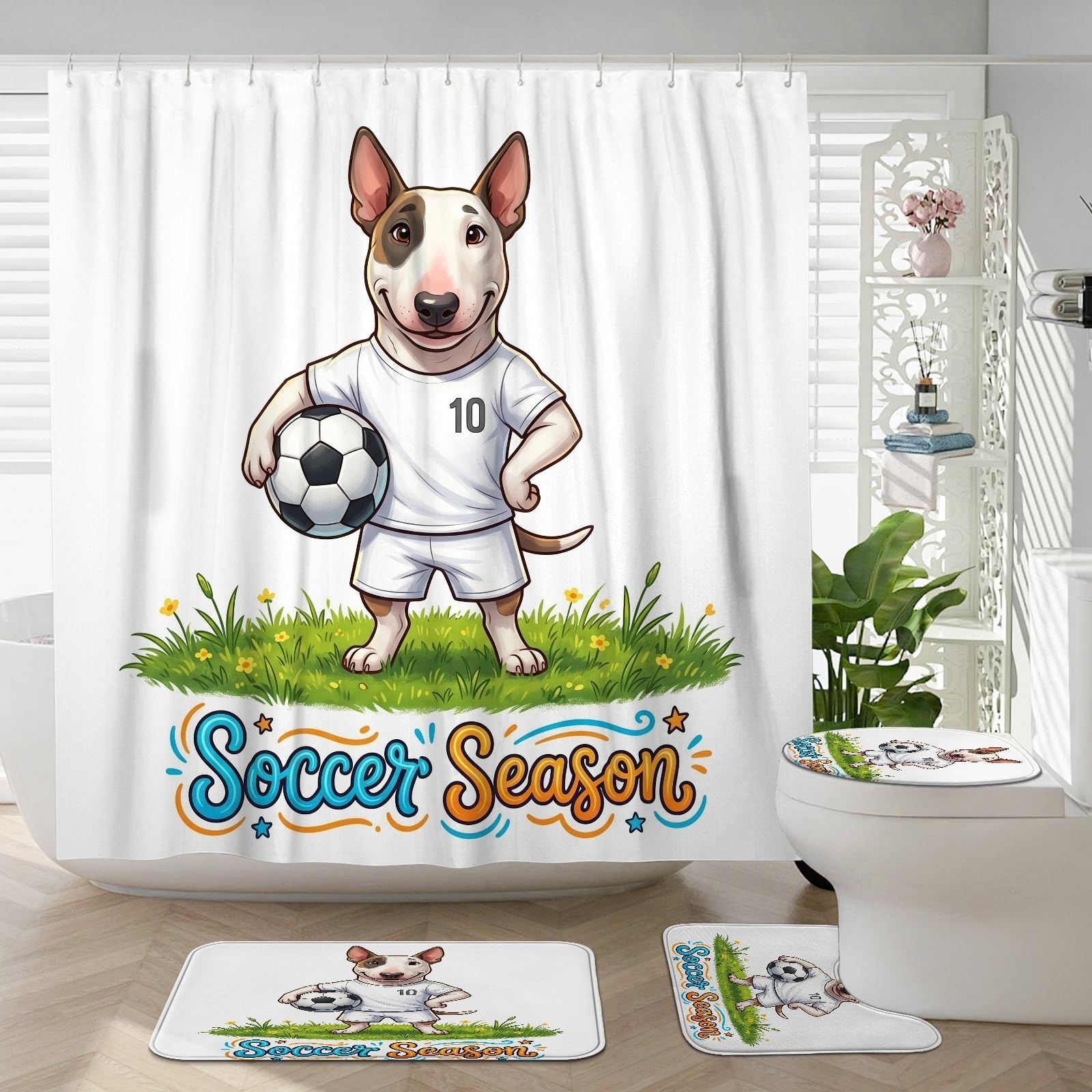 Tapis de douche antidérapant et rideau motif chien Bull Terrier de 183 cm avec accessoires