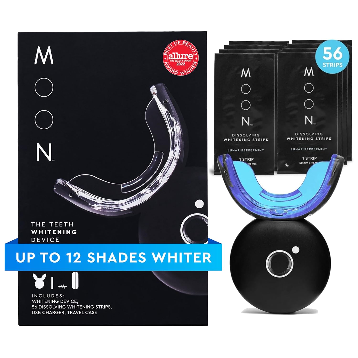 MOON Teeth Whitening Kit LED Light Teeth Whitener Device 56 White Strips USB Charger Travel Case Blue Light