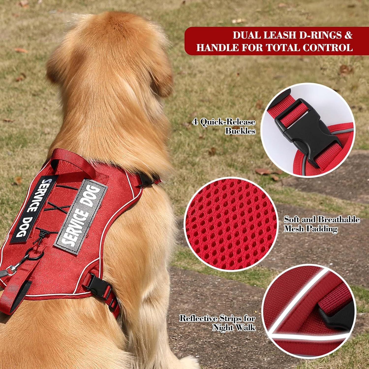 Tactical Dog Harness for Medium Large Size, No Pull Service Dog Vest with Molle System and Control Handle Heavy Duty Pet Vest with 2 Patches, Reflective Adjustable Harness for Walking Training