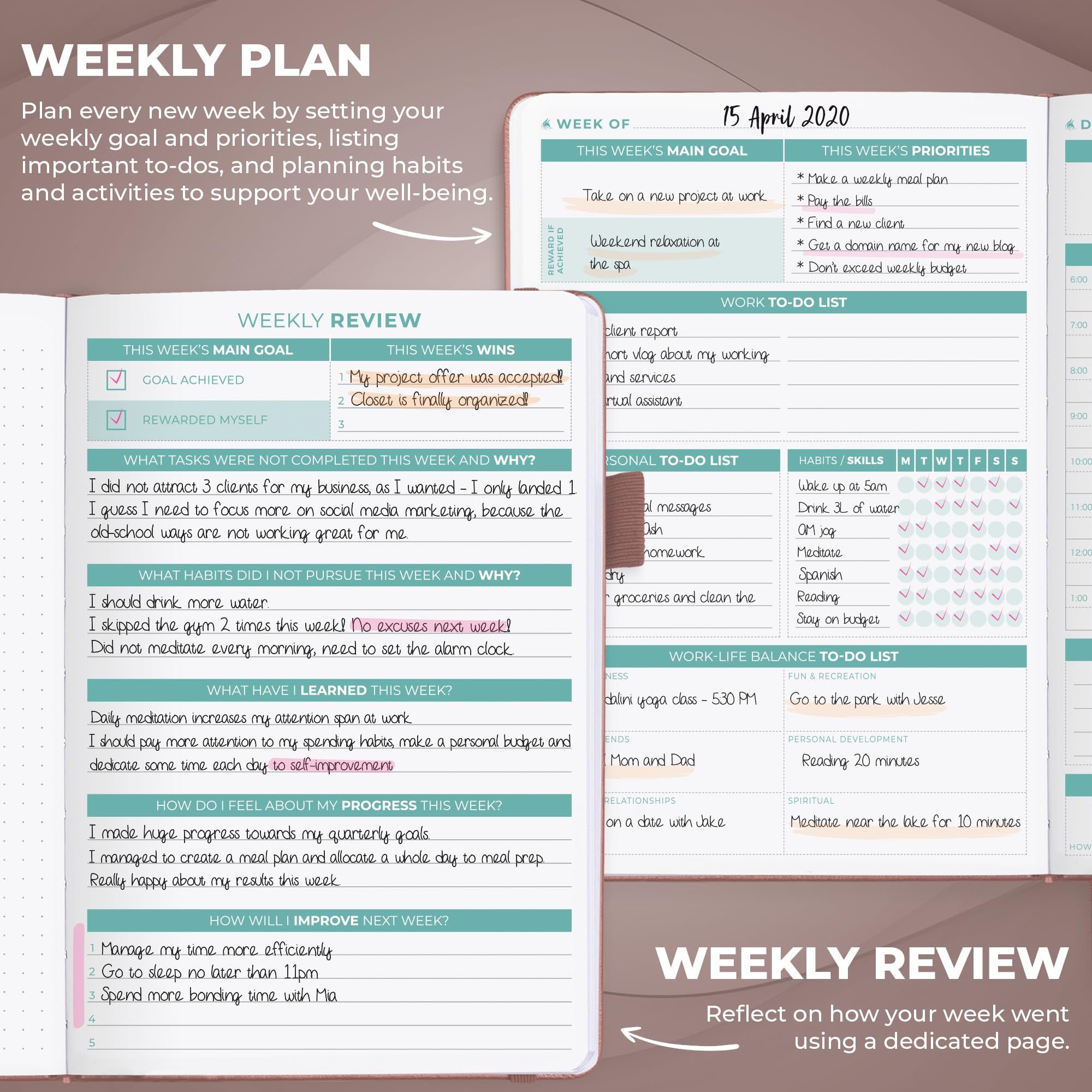 Clever Fox Daily Planner 2nd Edition - Undated Time Block Task Organizer with Hourly Schedule & To-do list - A5, 6 Months (Rose Gold) - Image 4