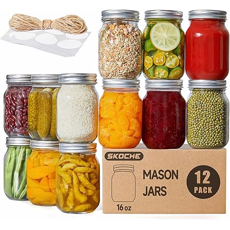 SKOCHE Mason Jars 16 oz 12 Pack with Airtight Lids and Bands, Ideal for Canning, Honey, Fermenting, Pickling, Meal Prep, DIY Decors, Fruit Preserves, Jam or Jelly with 12 Labels