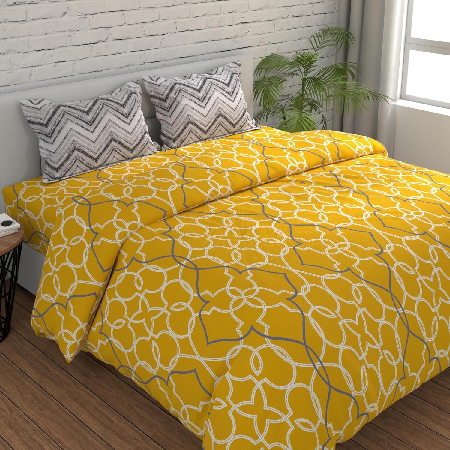 Huesland by Ahmedabad Cotton 144 TC Double Bedsheet Cotton King Size with 2 Pillow Covers | Yellow & Grey | 9ft x 9ft-picture-23