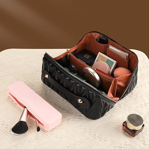 Miniatura 4 de Bolsa de maquillaje de viaje, bolsa de maquillaje portátil de gran apertura, se abre plana para un fácil acceso, bolsa de aseo personal, bolsa de