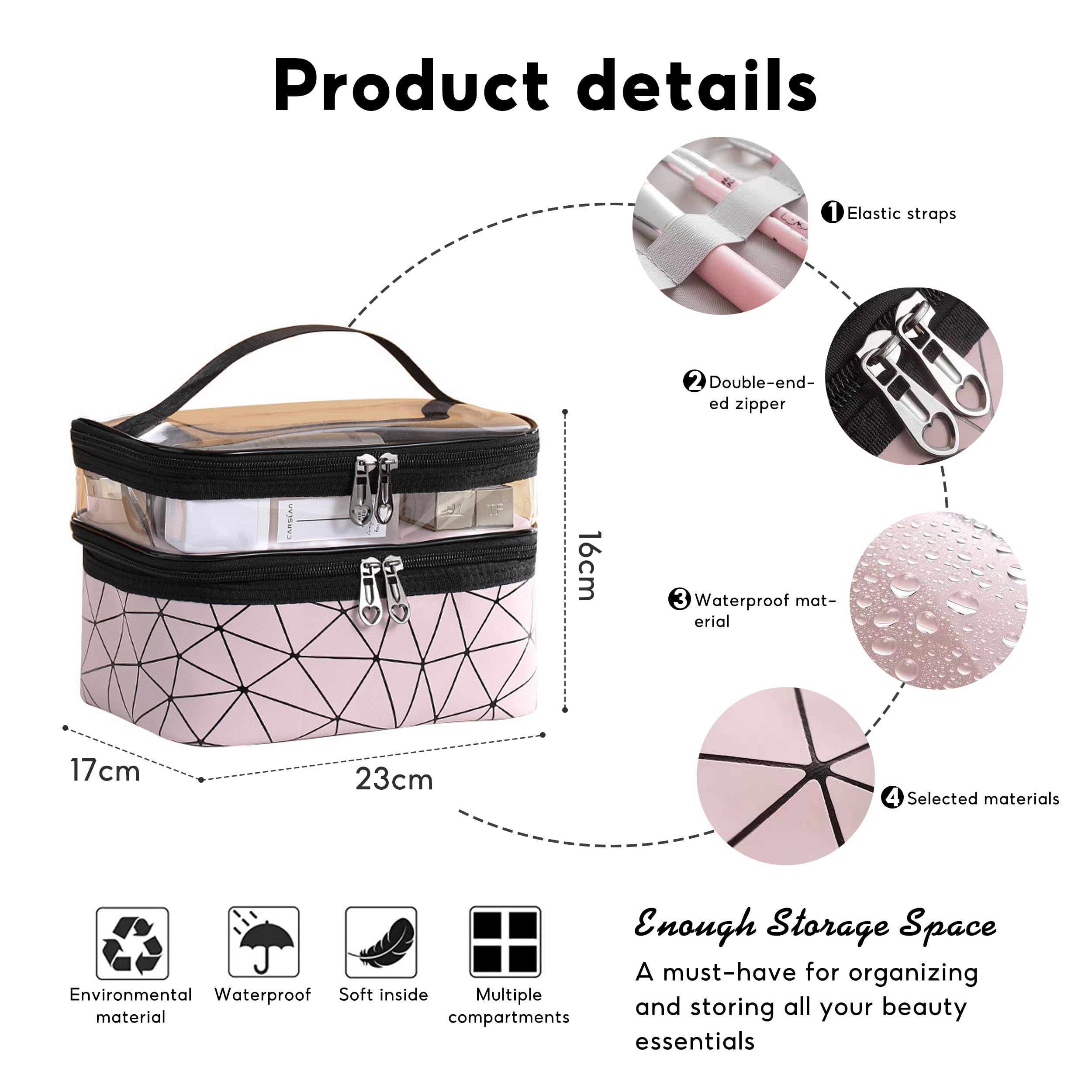 Large Capacity Double Layer Makeup Bag - Portable Toiletry Bag with Compartment for Women Travel Essentials (Pink 23x17x16cm) - Image 2