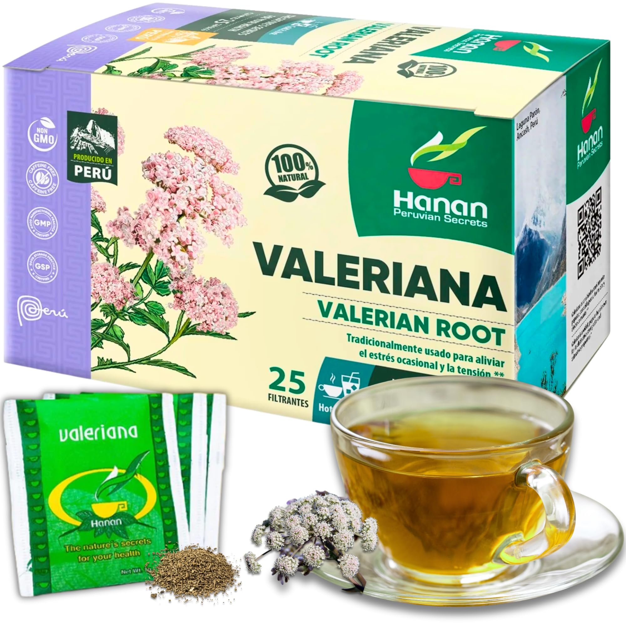 Hanan Valerian Root Tea for Bedtime 25 Bags - Te de Valeriana, Herbal Calming Night Tea - 100% Pure, Caffeine-Free, Non-GMO, Herb from Peru