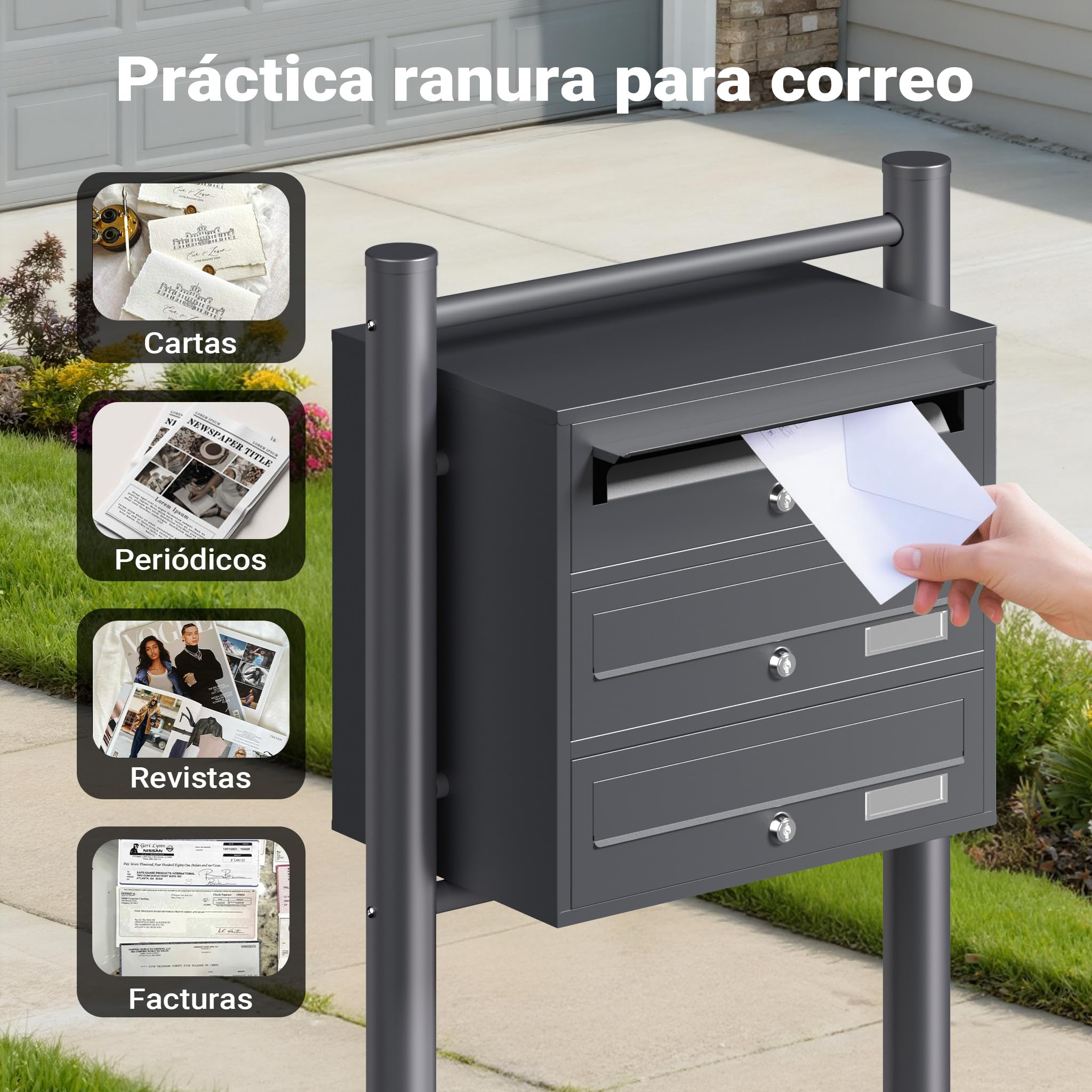 Wiltec Sistema de 3 buzones Color Antracita Acero galvanizado Resistente a la Intemperie con cerraduras de Cilindro y Llaves instalación Independiente Espacio Amplio para Cartas y Paquetes pequeños