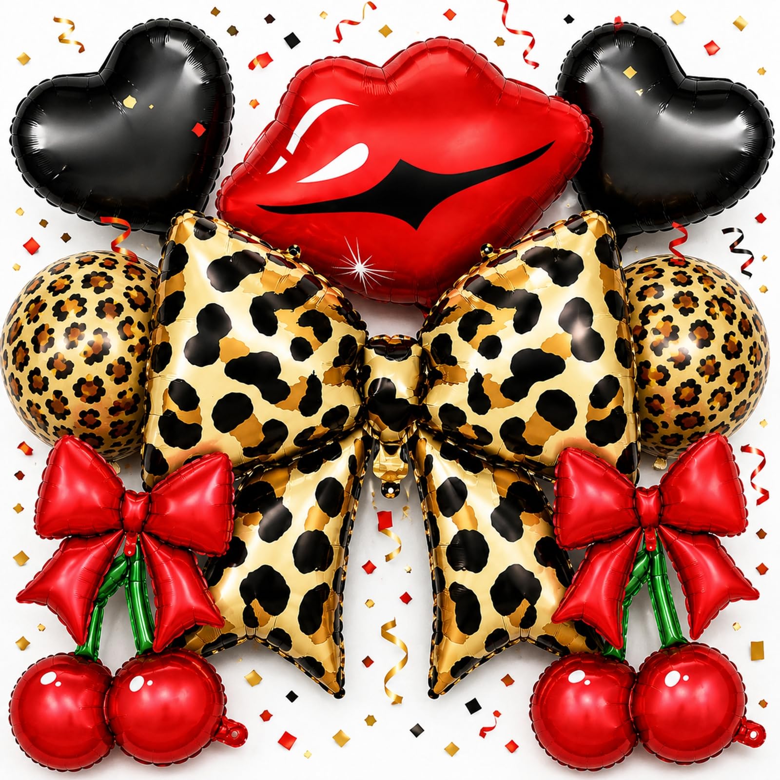 11 Pcs Leopard Print Balloons Set with Bow Cherry Lips for Women Birthday