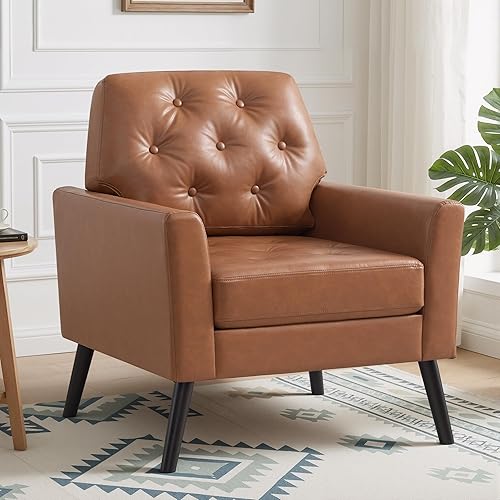 Silla decorativa para sala de estar, silla de lectura moderna de mediados de siglo, sillón tapizado con respaldo copetudo y patas de madera, sofá PU