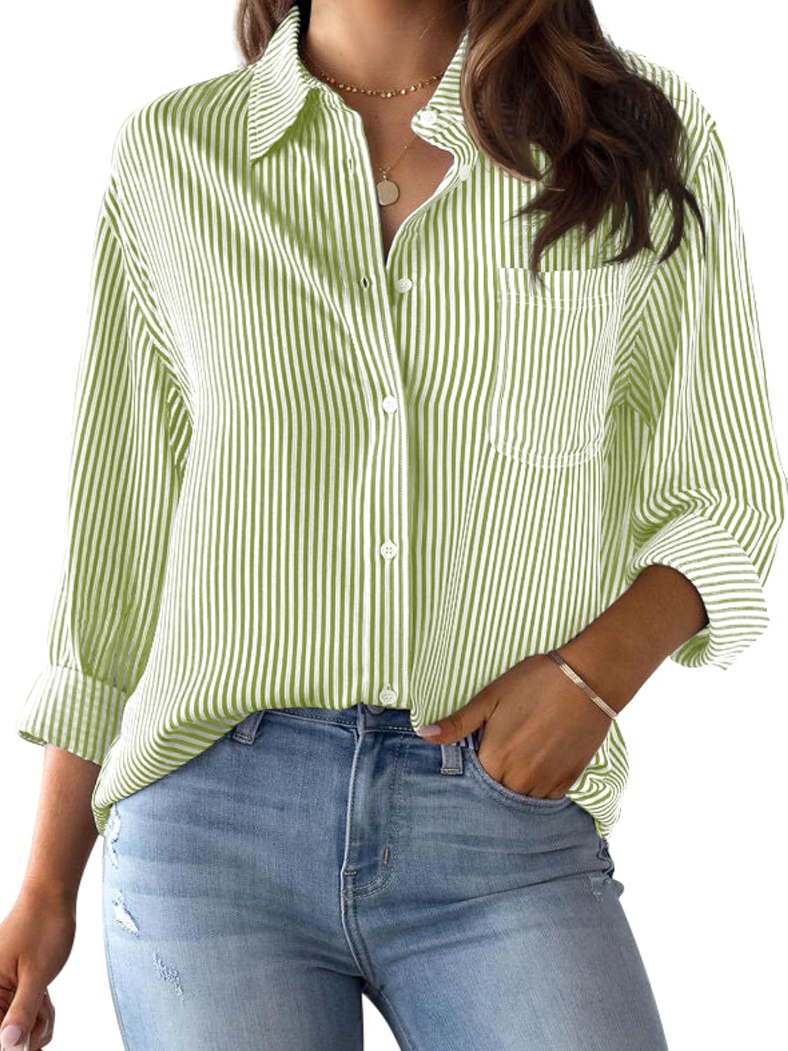  Women's Wrinkle-Resistant Striped Long Sleeve Button Down Shirt thumbnail