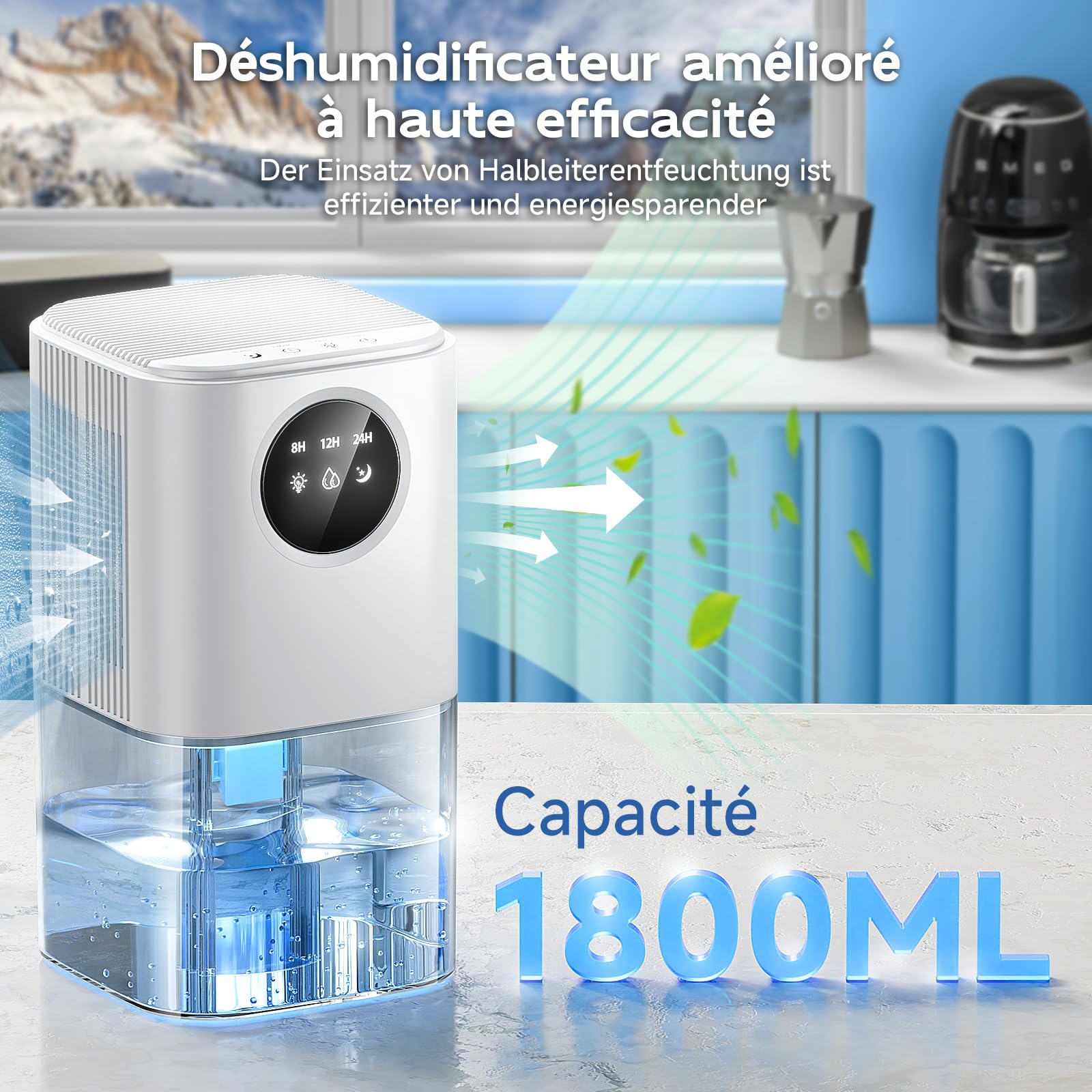 KITMOUS 1800ml Deumidificatore D'aria Ultra Silenzioso con 7 Luci Notturne Colorate e Spegnimento Automatico Assorbitore di Umidità Elettrico per Bagno Camera da Letto