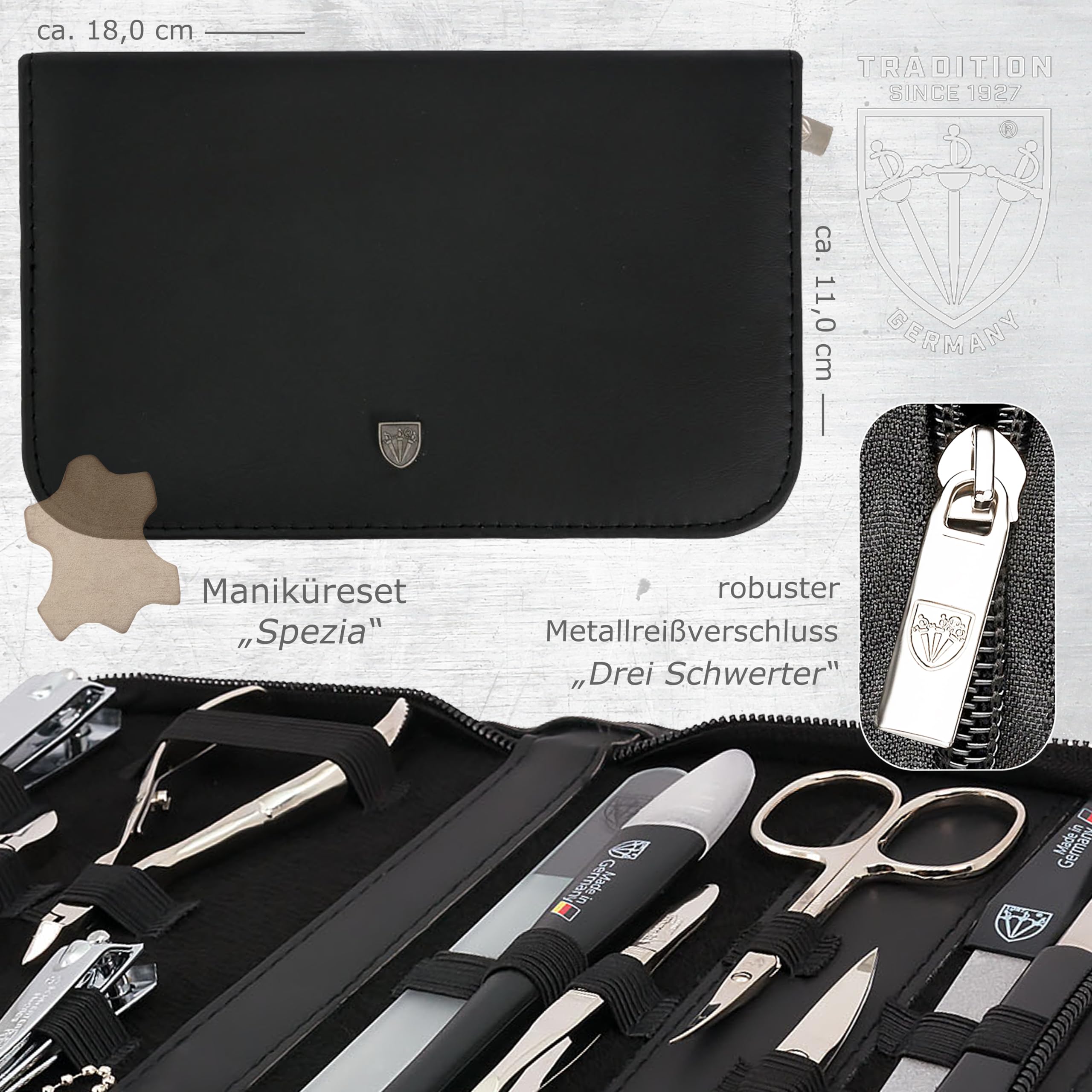 DREI SCHWERTER - Germany Spezia Kit de manucure 11 pièces avec étui en cuir véritable noir | Contenu : ciseaux à cuticules, ciseaux à ongles, pince à ongles, coupe-ongles, pince à cuticules, pince à