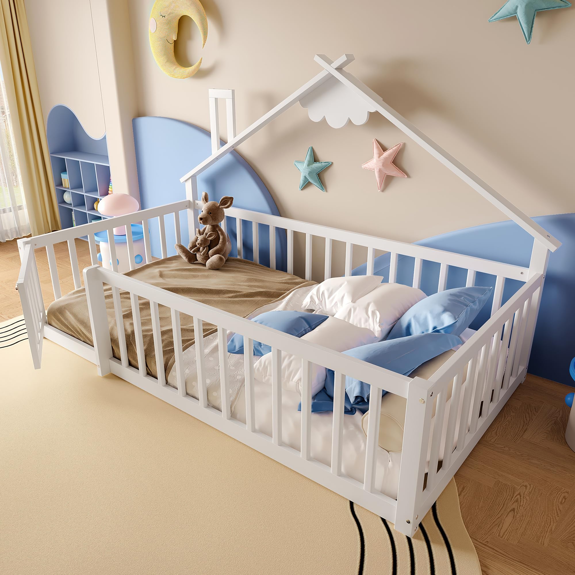 Cama de suelo de 90 x 190 cm con protección anticaída y puerta con cerradura, estructura de cama infantil, cama de madera de pino con somier, cama de madera, sin colchón