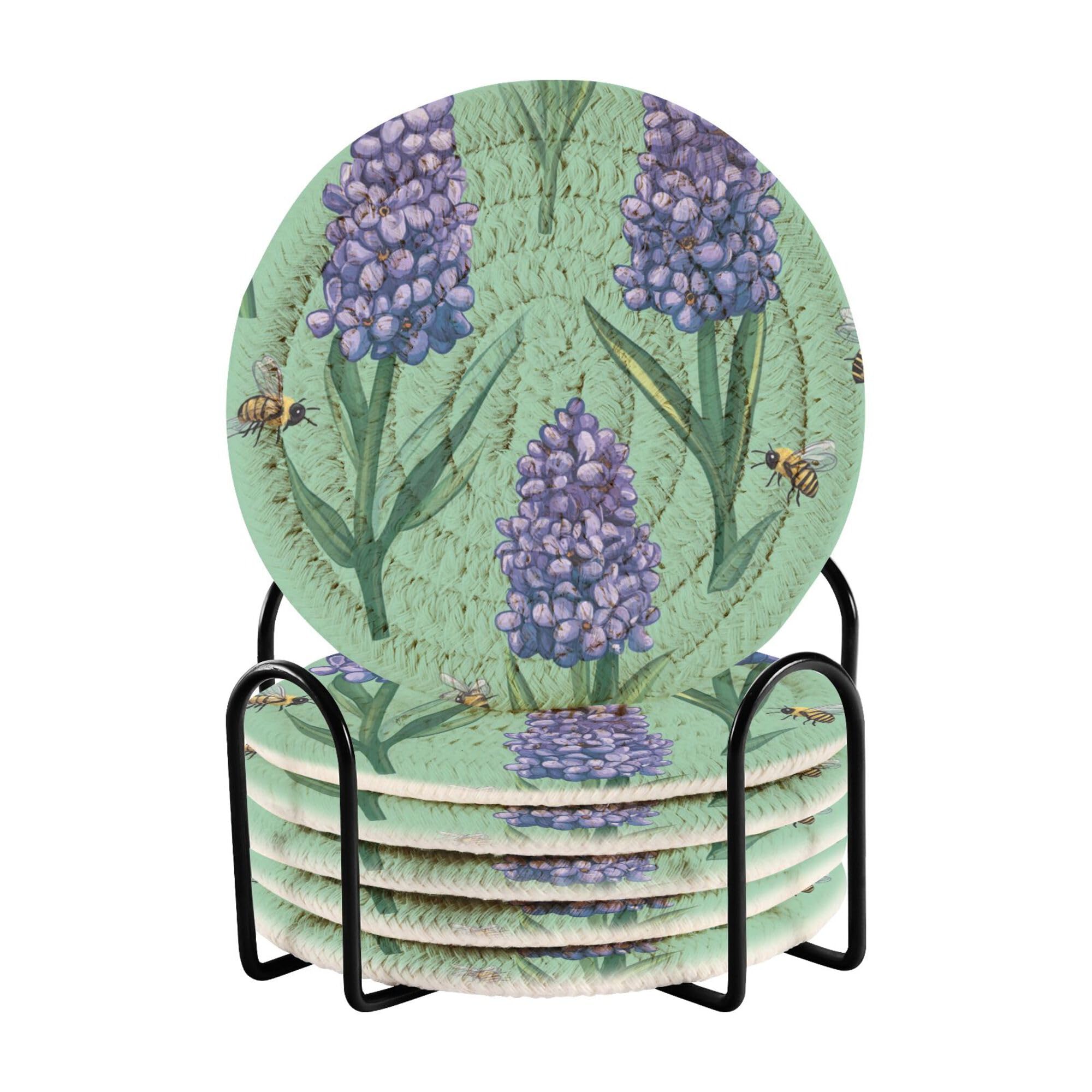 Cartoon Hyacinth Green Cotton Rope Absorbent Drink Coasters Set of 6 with Holder Coffee Table Coasters