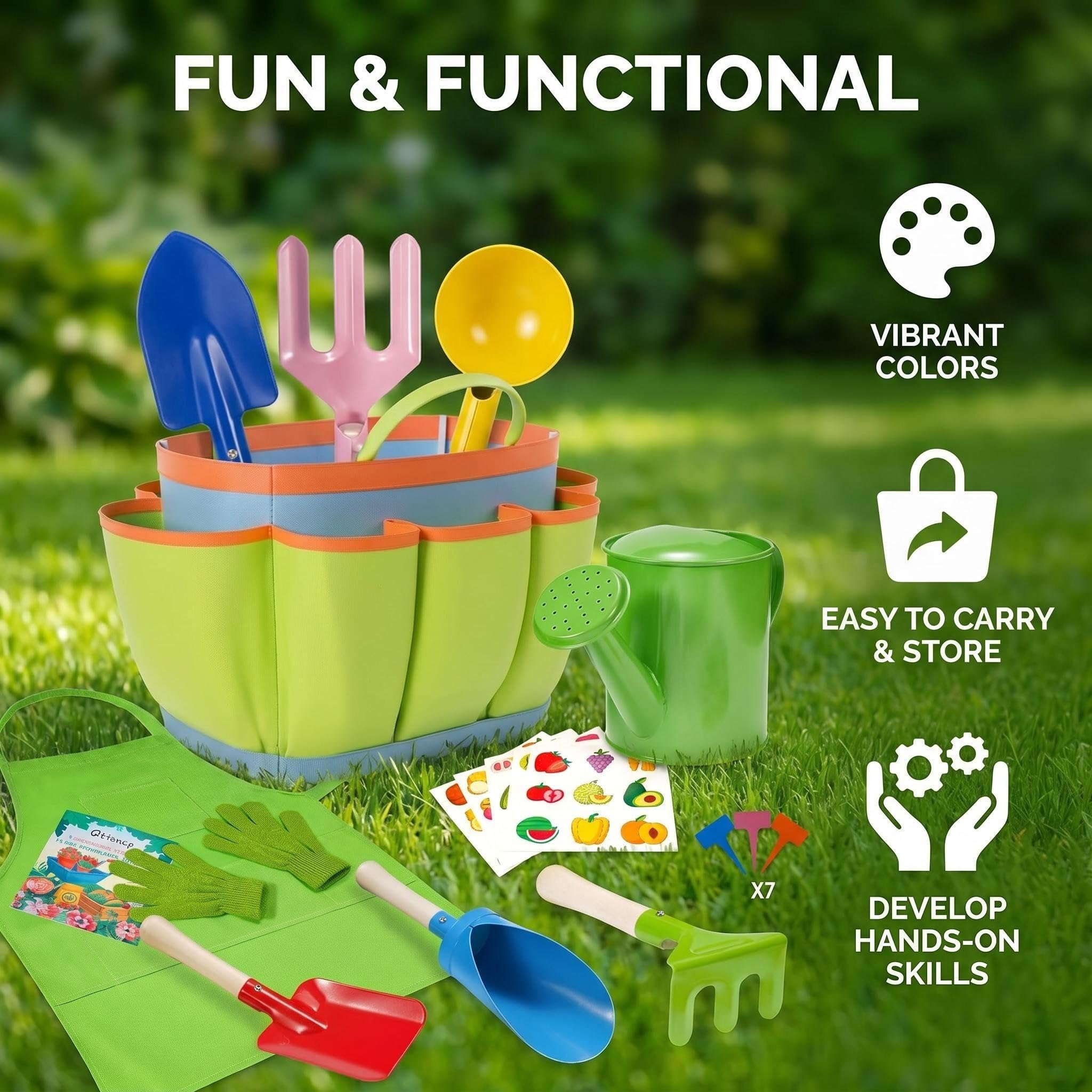 KAHEIGN Lot de 12 outils de jardinage pour enfants, cuillère, fourchette, truelle, râteau, pelle cylindrique avec sac fourre-tout, arrosoir, gants, tablier, étiquettes de plantes, autocollants pour