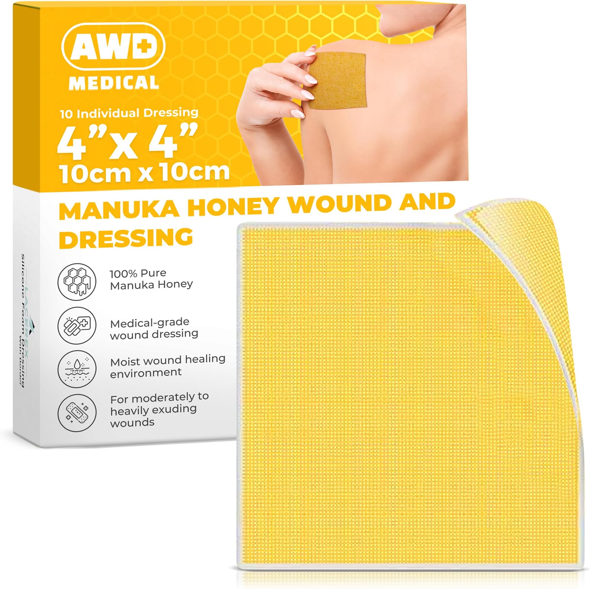 AWD Manuka Honey Gauze Dressing - 100% Impregnated Medical Grade Honey Patches - Medical Supplies, Wound Care, and First Aid - Gauze Pads 10 Count (4"x4")
