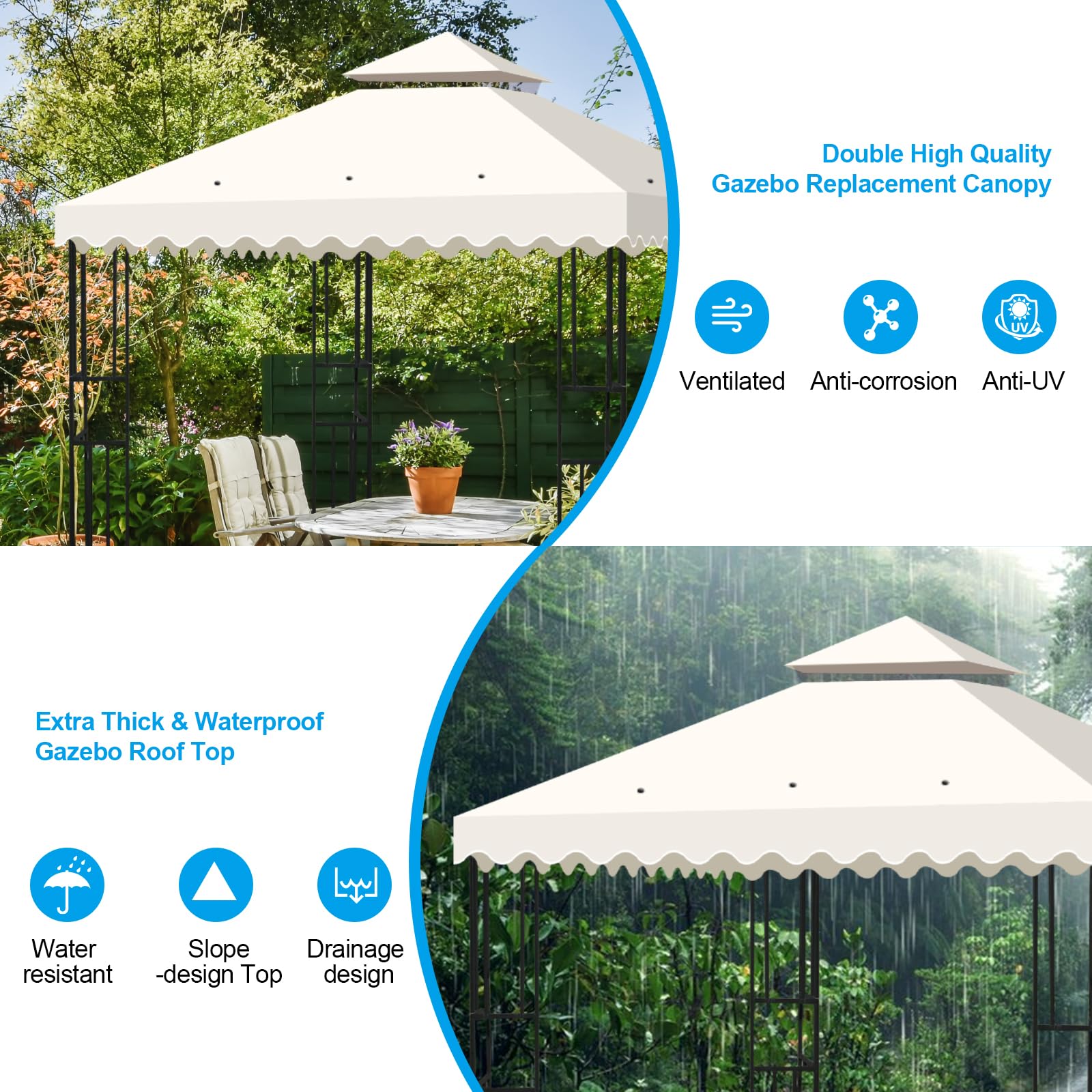 Housse de Rechange Toit Imperméable 3x3m Protection UV pour Tonnelle Jardin Terrasse Camping Beige