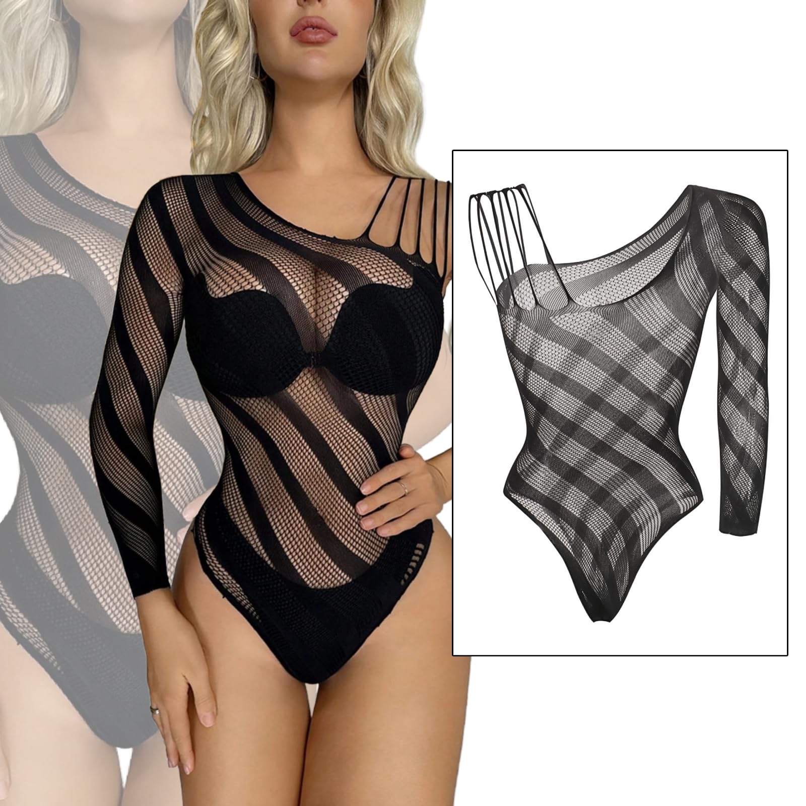 ZWCHGJ Body damskie, Body kabaretki Przezroczysta siateczka Trykot w paski Prześwitujące stringi Top Na jedno ramię Wycięcia Kombinezon Bodycon Teddy Catsuit, impreza, klub, wyjście