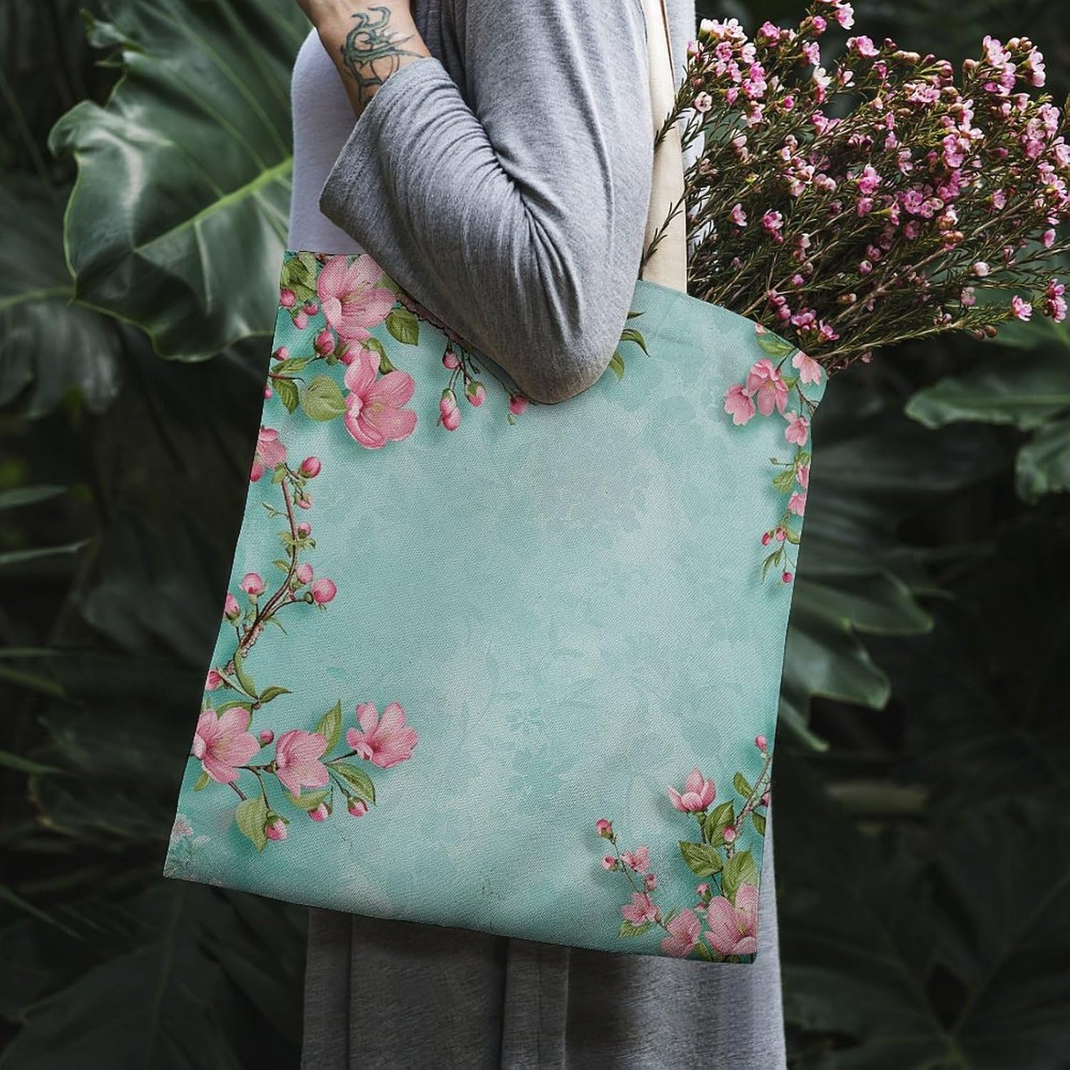 Light Blue Style Flowers Canvas Tote Bag Reusable Grocery Bags Foldable Soft Cotton Shoulder Carry Bag