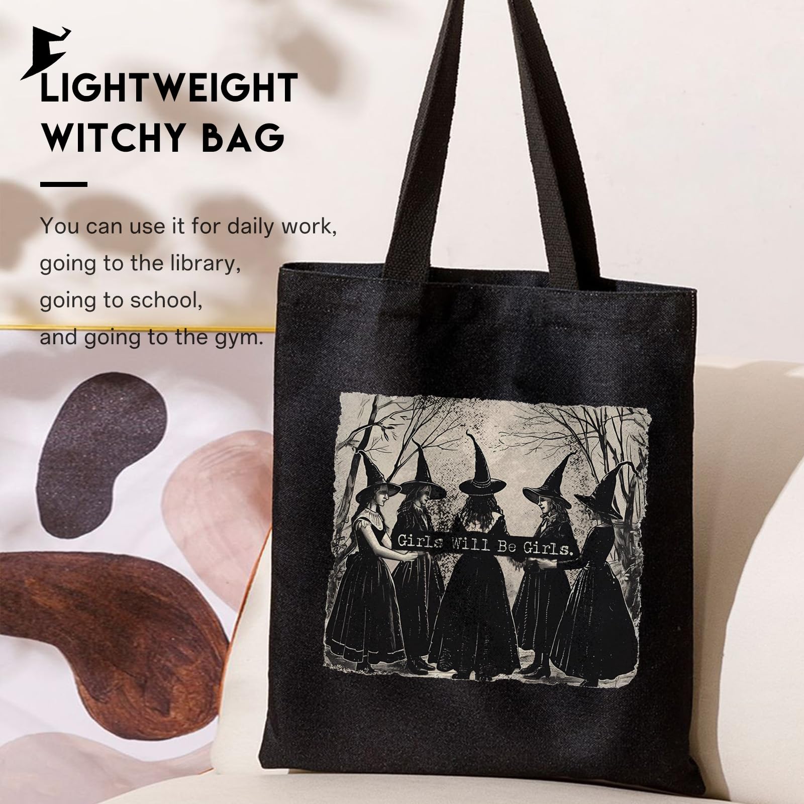 Kimoli Aesthetic Witchy Canvas Tote Bag for Women Funny Witchy Gifts for Women Cute Girls Will Be Girls Canvas Bag Spooky Reusable Beach Shoulder Grocery Casual Bag for Work Travel, Black