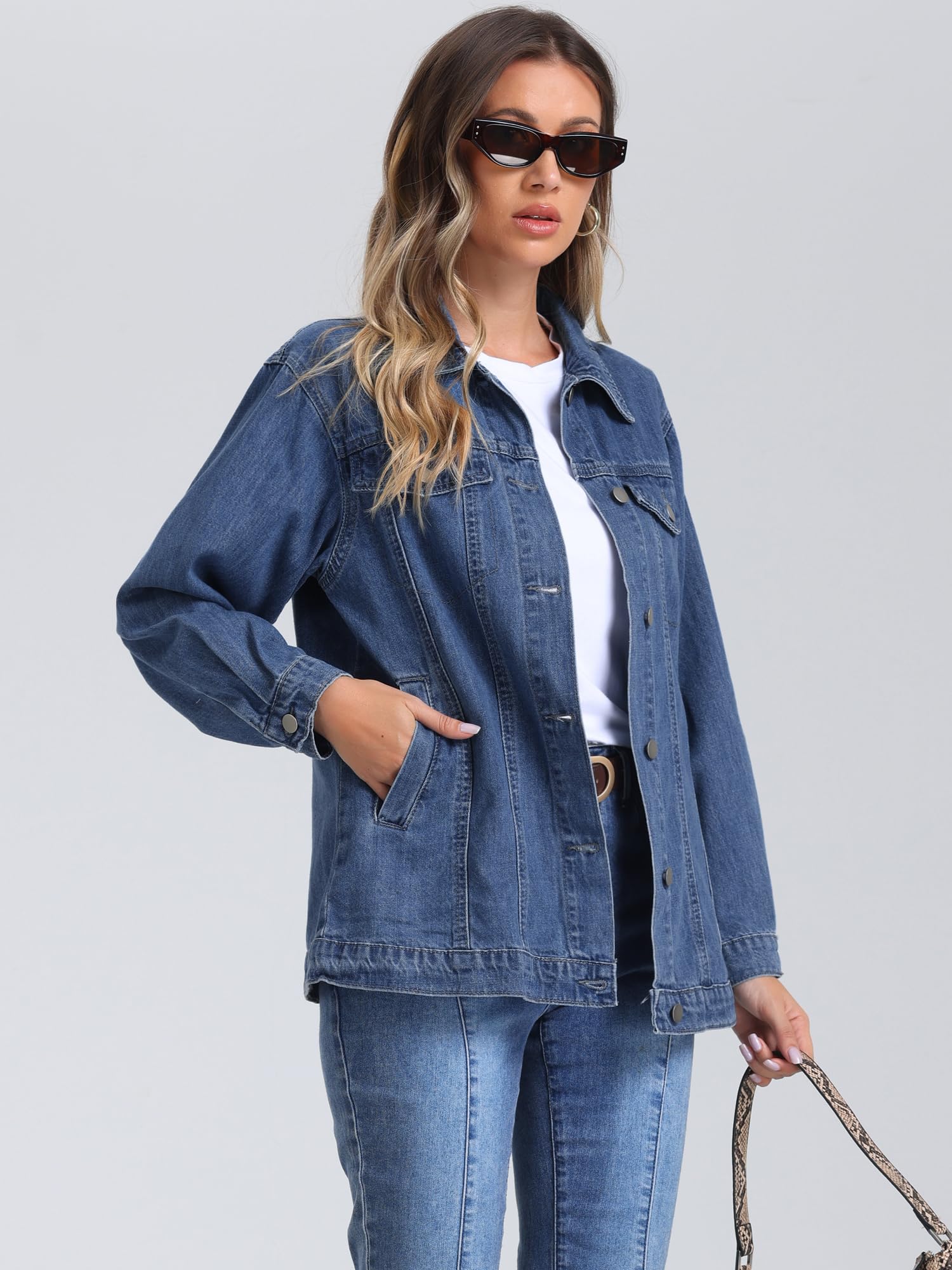 Allegra K Mujer Chaqueta Vaquera Oversized Casual Manga Larga con Bolsillo