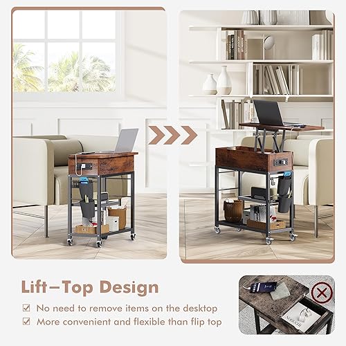 Miniatura 6 de Colima Mesa auxiliar elevable con estación de carga y ruedas, mesa auxiliar de sofá de almacenamiento oculta estrecha con puerto USB, mesita de