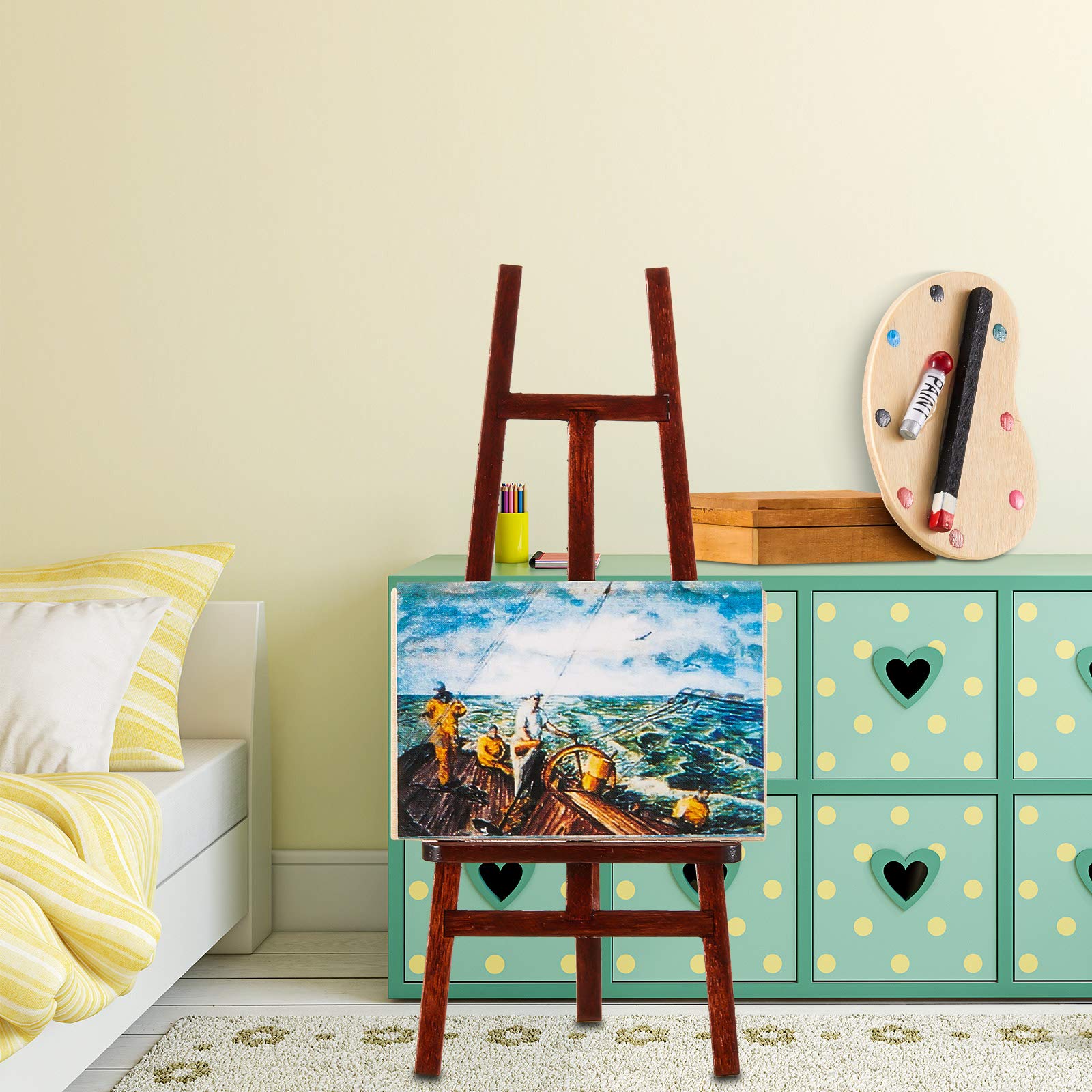 Juego de accesorios de pintura de casa de muñecas de 3 piezas, caballete de madera, paleta en miniatura, caja de acuarela para muñecas 7