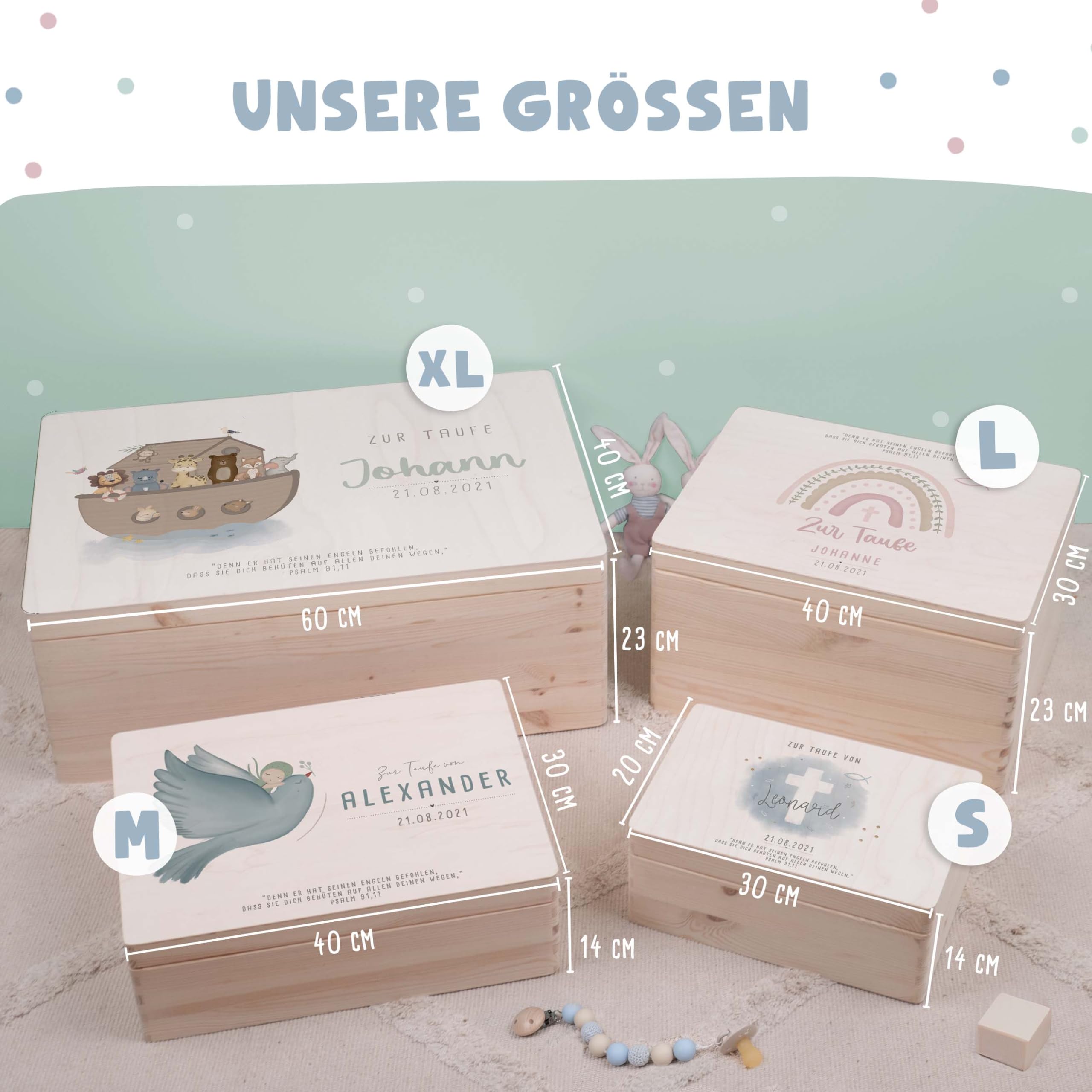 hellomini Taufgeschenke - Personalisierte Erinnerungsbox Taufe aus Holz - Taufgeschenke für Mädchen - Taufgeschenke Jungen - Taufe Geschenk (Regenbogen Taube Druck, S: 30x20x14cm)