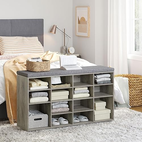 Miniatura 85 de DINZI LVJ Banco organizador de zapatos con cojín, zapatero de 9 cubos y estantes ajustables, multifuncional, para salas de estar, dormitorio, Gris