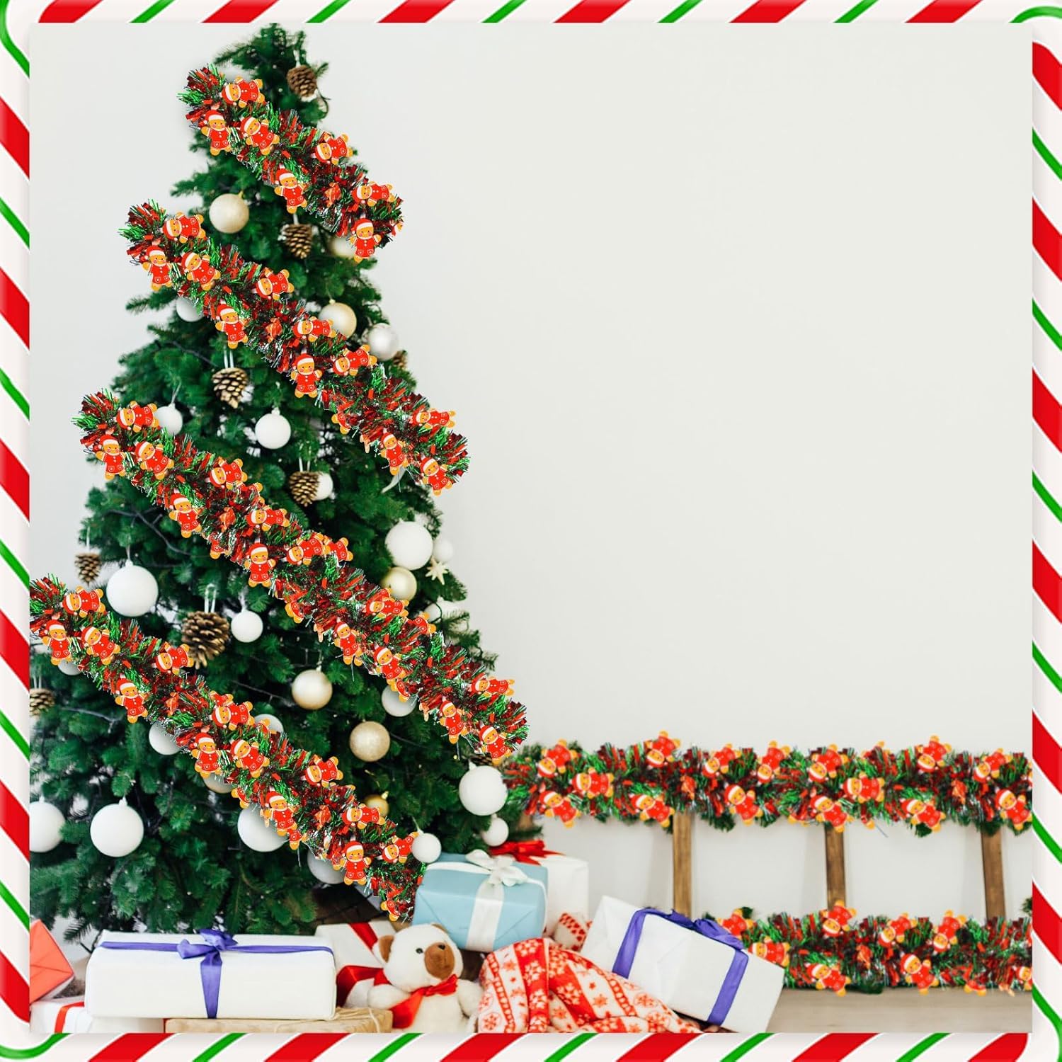 LATERN 10M Guirnalda Navideña de Oropel con Hombre de Jengibre, Rojo Verde Espumillón Metálico Guirnalda Gruesa Brillante para Árbol de Navidad Invierno Boda Cumpleaños Día Festivo Fiesta Decoración