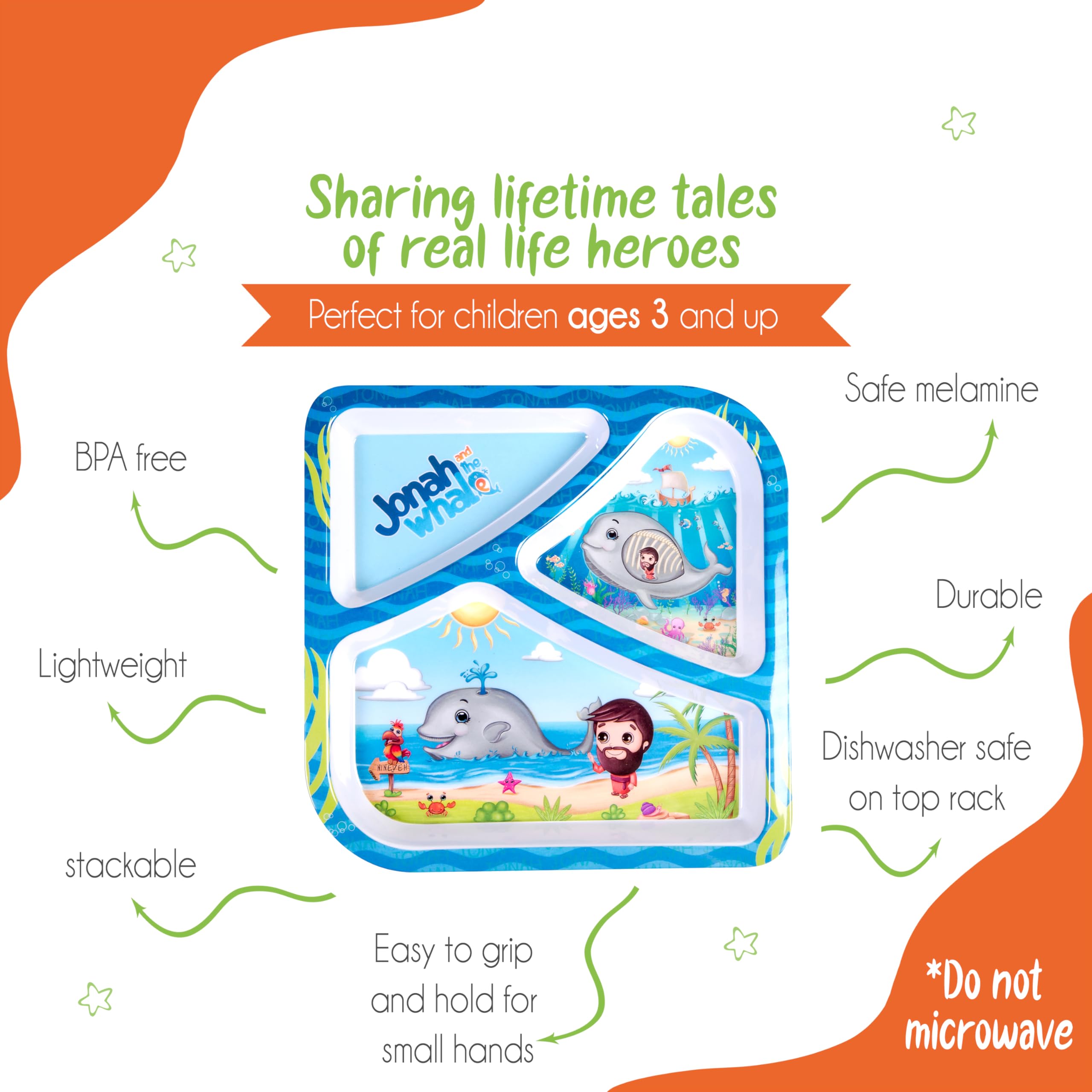 He Loves Me Kids Feeding gifts Set Jonah and the Whale 4 Piece Sets Toddler Dishes Multicolor, BPA Free, Kids Dinnerware Sets Includes Divided Plate, Round Bowl, Round Plate and Children’s Tumbler Cup