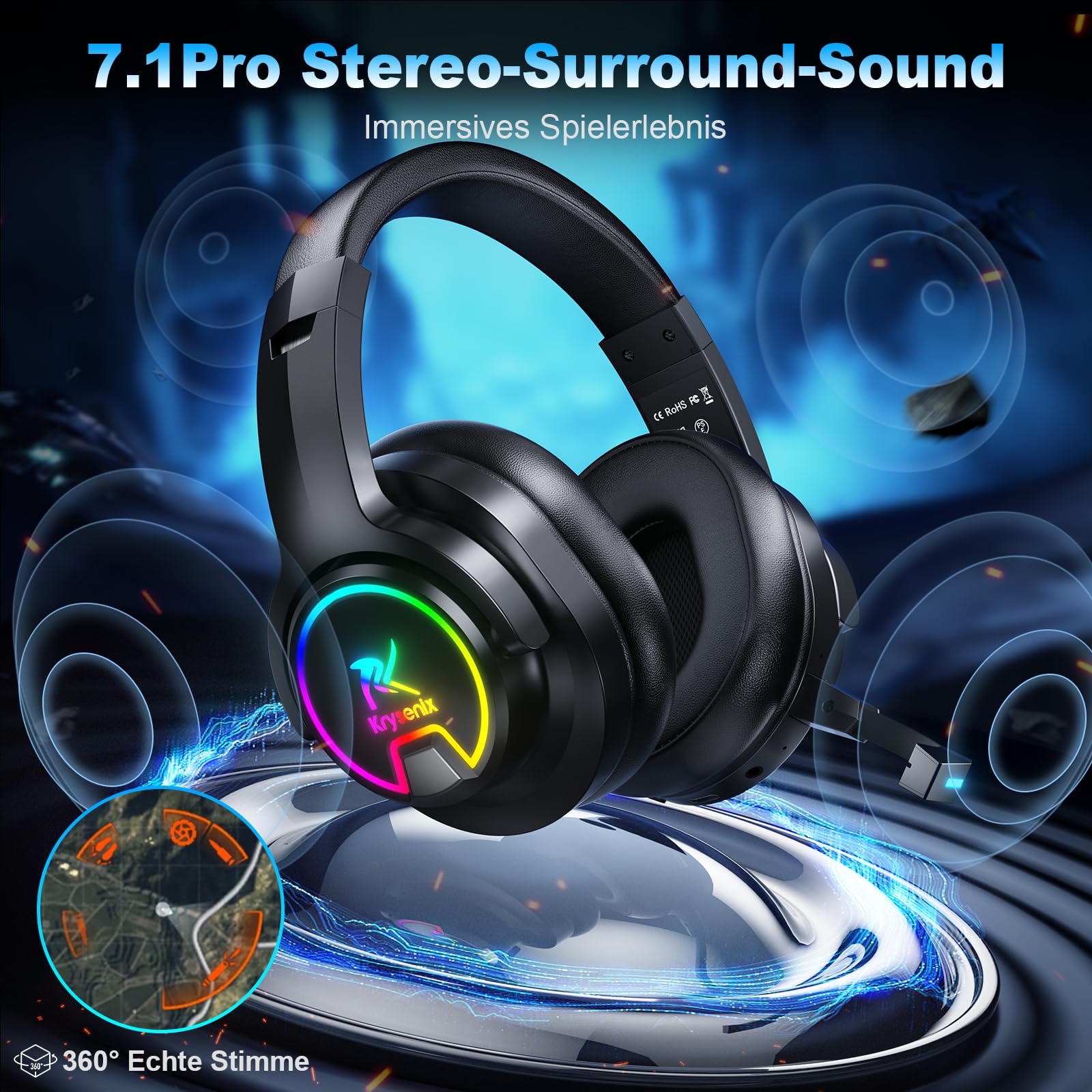 Krysenix PG3 Gaming Headset Wireless für PS4, PS5, PC, Mac, Switch, 48H 2.4GHz Gaming Headset mit Noise Cancelling Mikrofon, Kabelloses Bluetooth Headset mit LED-Lichtern, Surround Sound