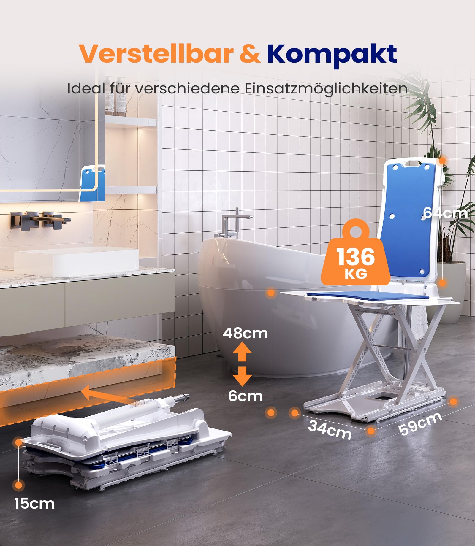 VOCIC AX07 Badewannenlift, Badewannenlifter für Senioren elektrisch, Badewannensitz mit wasserdichtem Motor, Aufladbare Handsteuerung und Saugfüße, Badewannen Einstiegshilfe, belastbar bis 136 kg