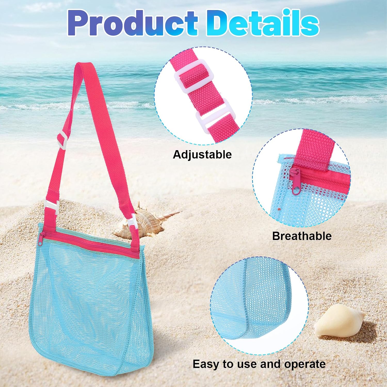 Amaxiu 2 Pcs Mesh Beach Bag for Shells Collecting, Shell Bags for Beach with Adjustable Strap Quick Dry Sea Shell Bags for Kids Portable Sand Away Swimming Accessories Storage(Blue)